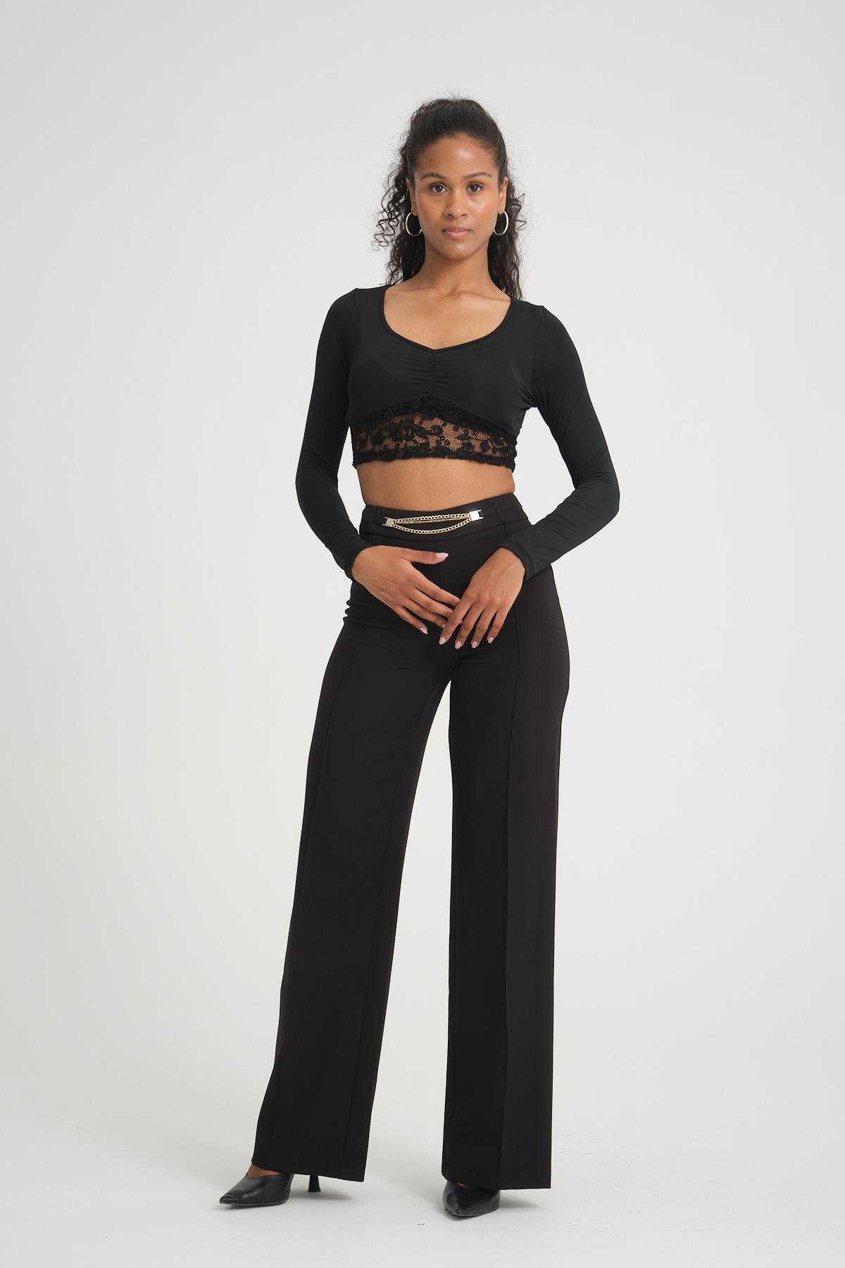 Women wide leg pants with chain detail Plus size wholesale Black color 696860
