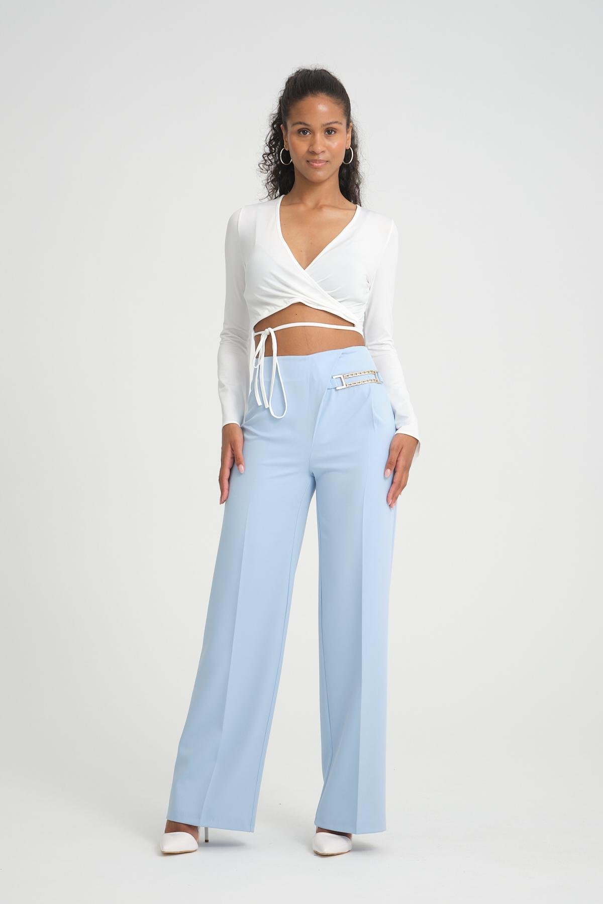 Women wide leg pants with chain detail Plus size wholesale Baby Blue color 696850