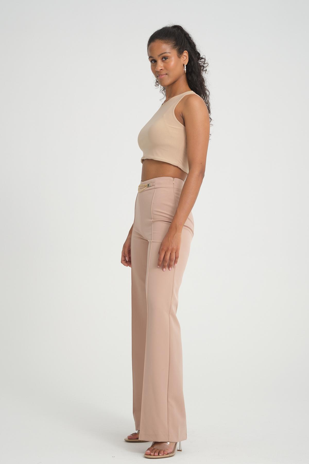Women wide leg pants with chain detail Plus size wholesale Beige color 696864
