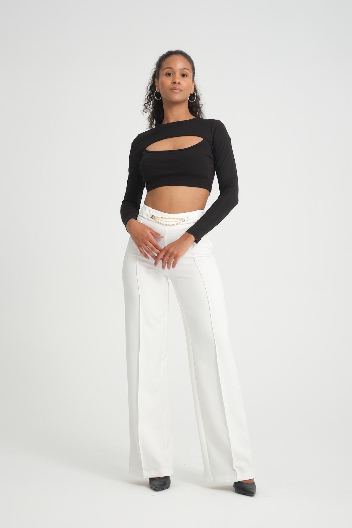 Women wide leg pants with chain detail wholesale White color 696854