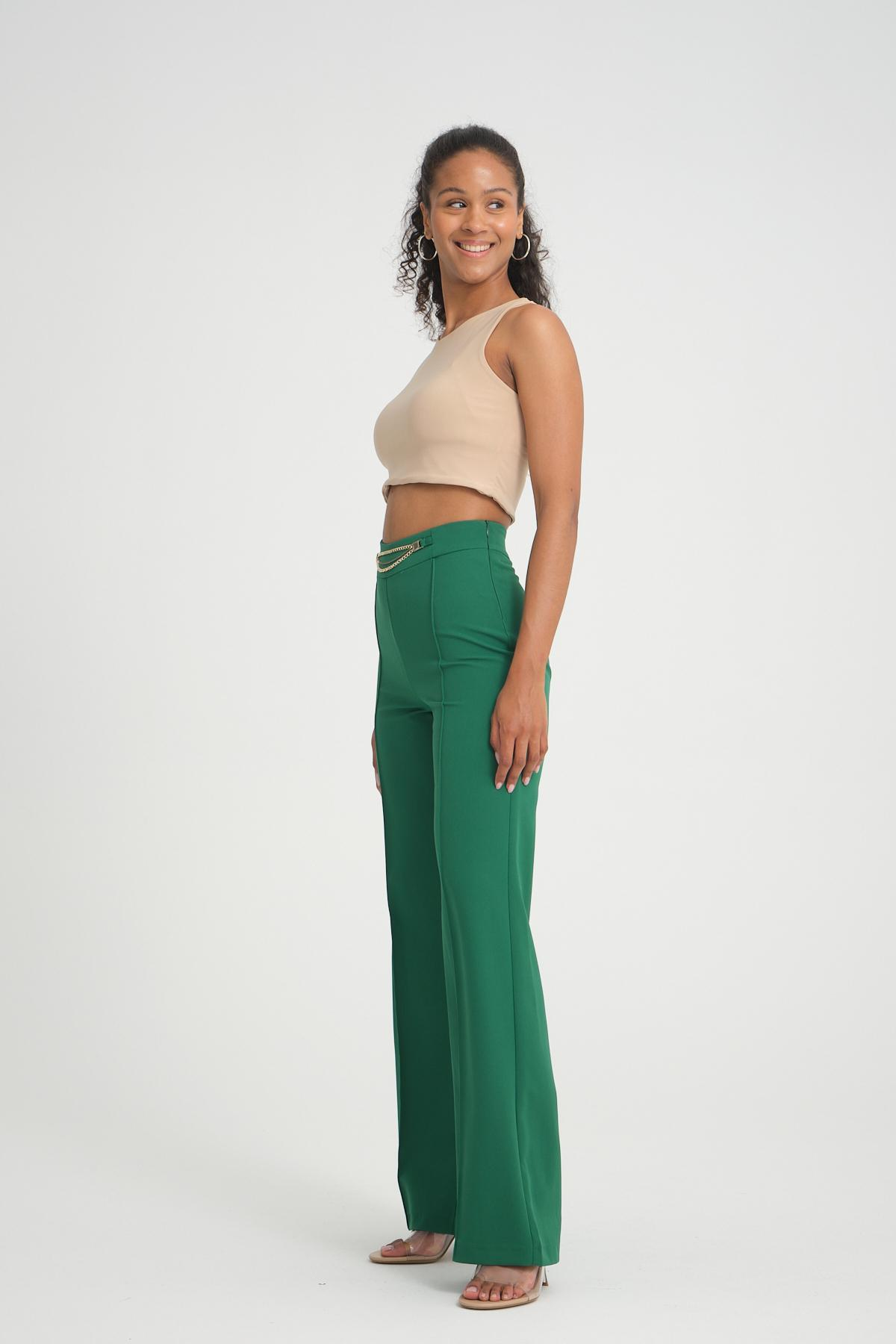 Women wide leg pants with chain detail wholesale Emerald Green color 696858