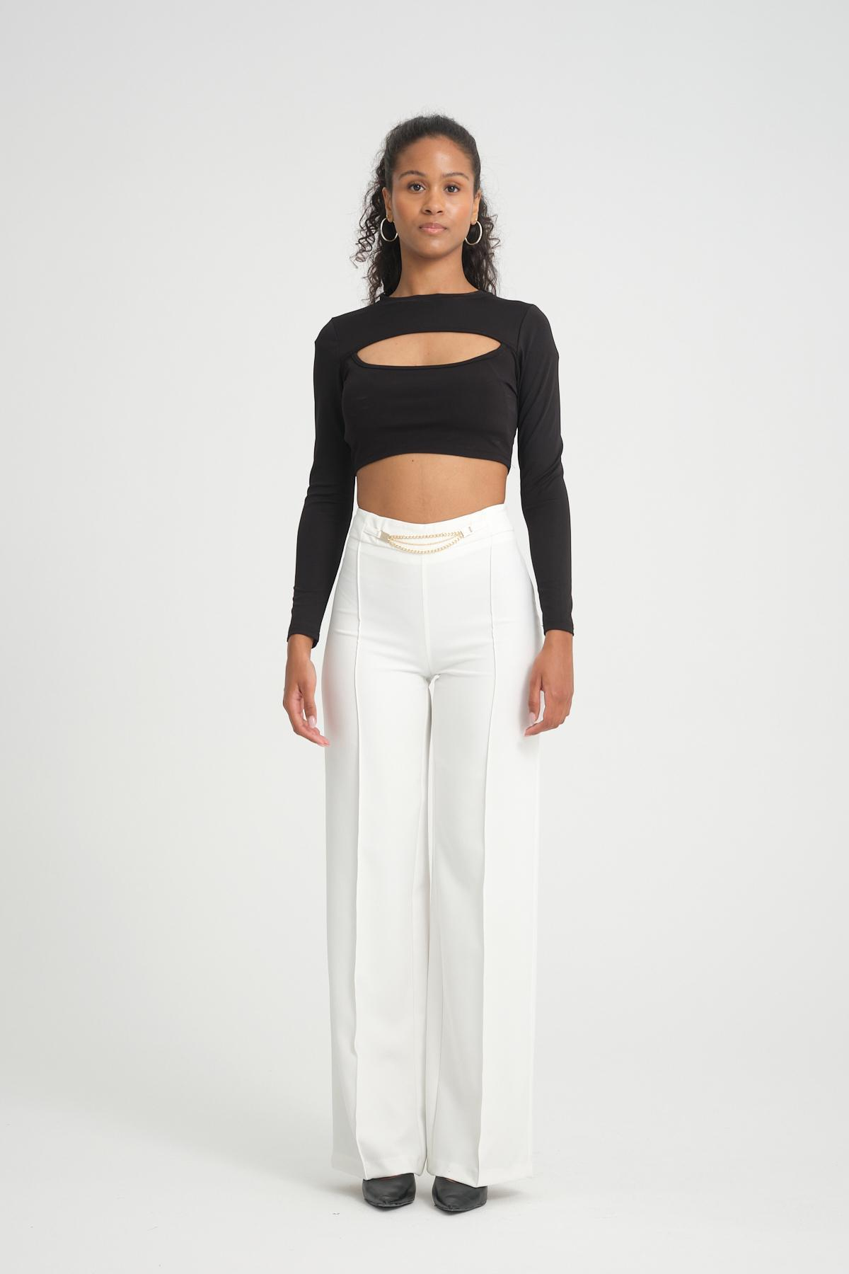 Women wide leg pants with chain detail wholesale White color 696854