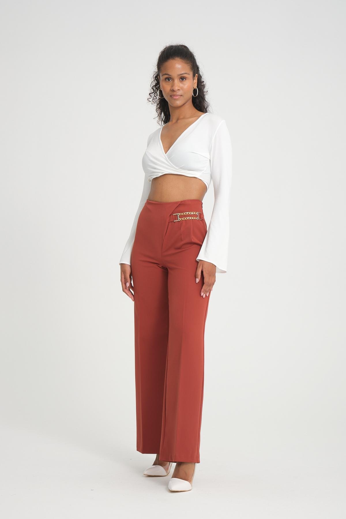 Women wide leg pants with chain detail wholesale Brick color 696833