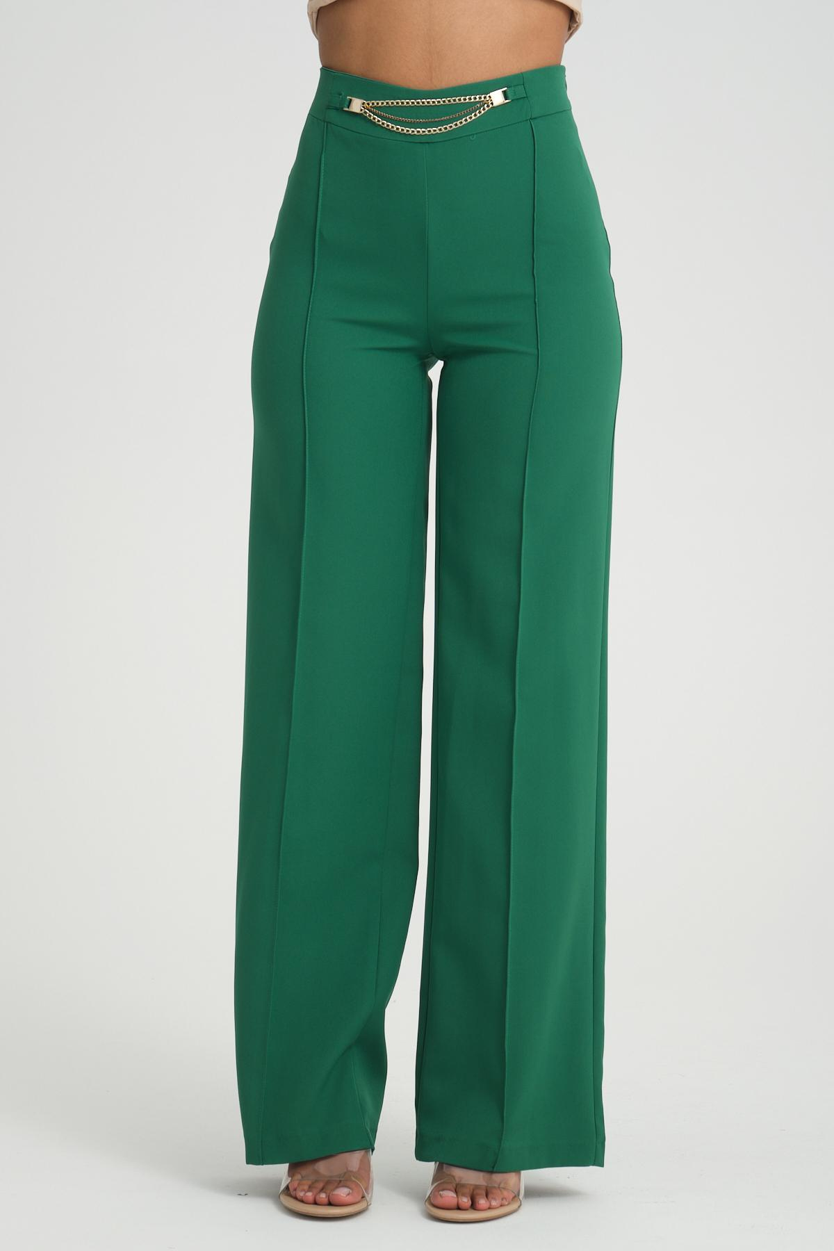 Women wide leg pants with chain detail wholesale Emerald Green color 696858