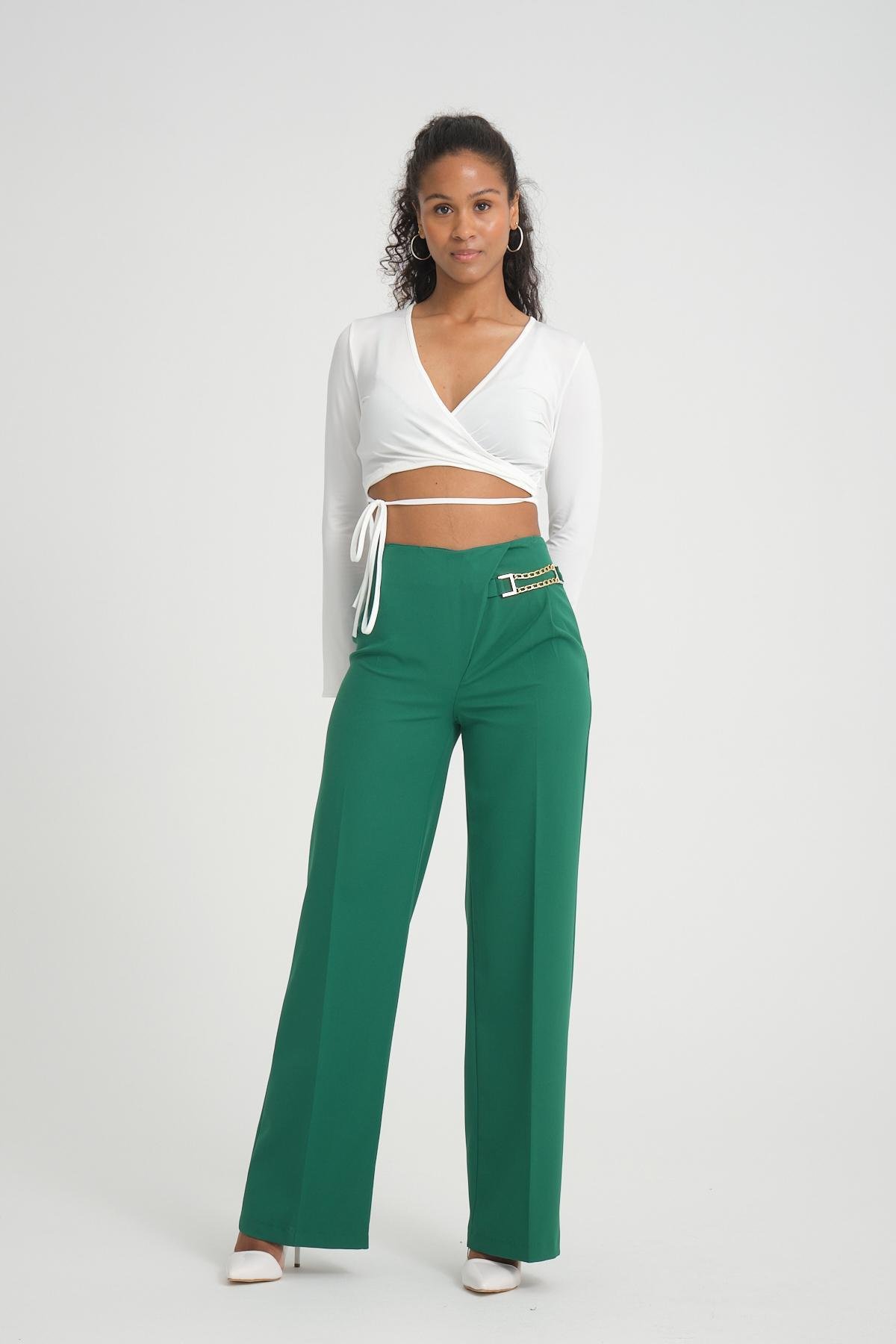 Women wide leg pants with chain detail Plus size wholesale Emerald Green color 696846