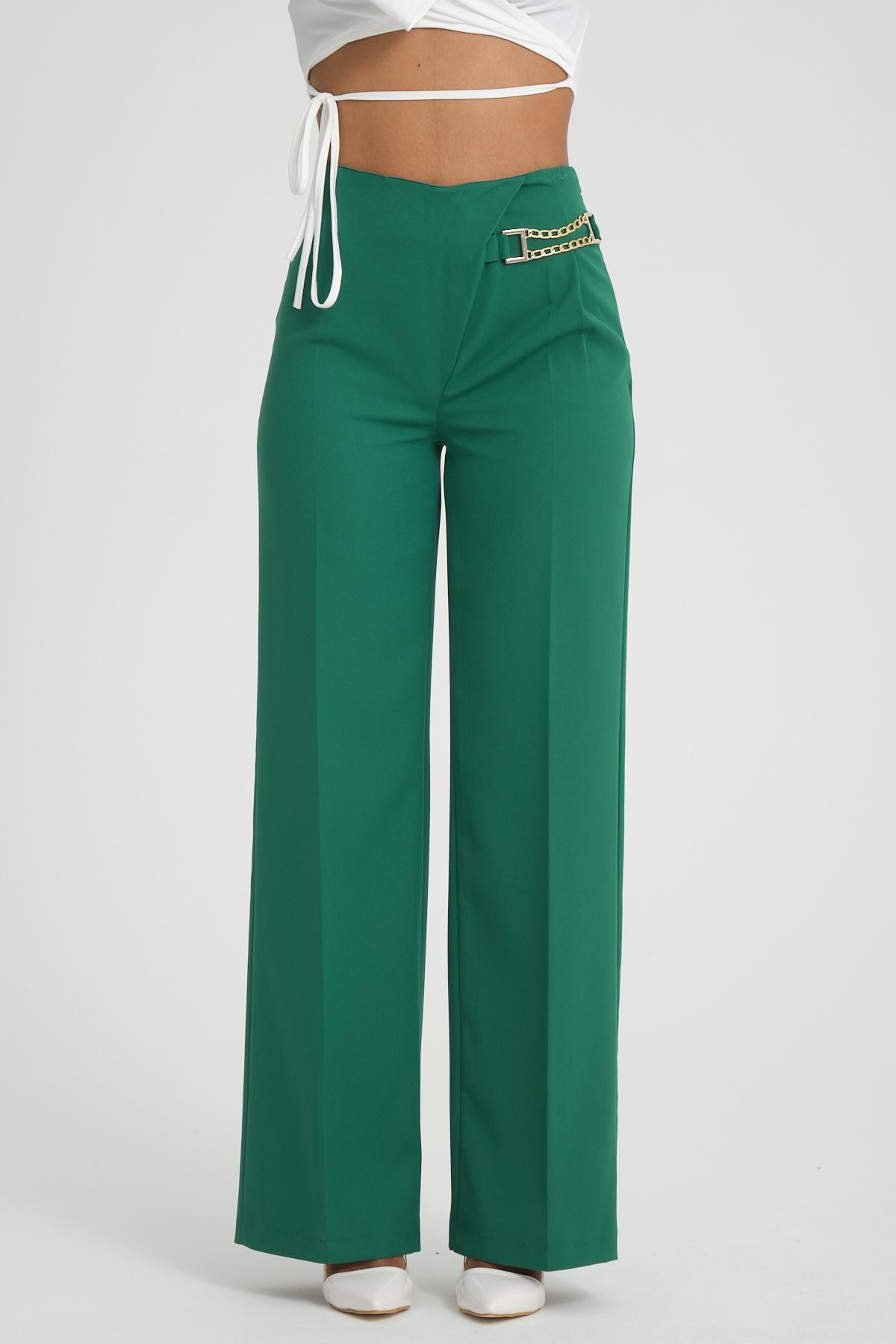 Women wide leg pants with chain detail Plus size wholesale Emerald Green color 696846
