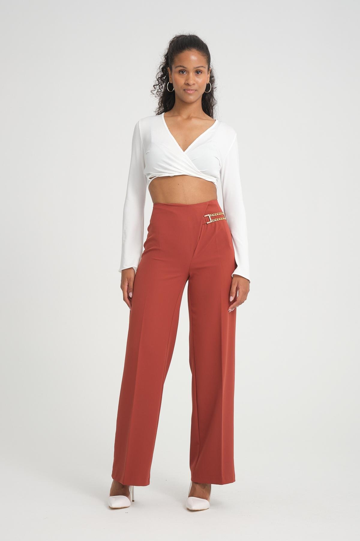 Women wide leg pants with chain detail Plus size wholesale Brick color 696844