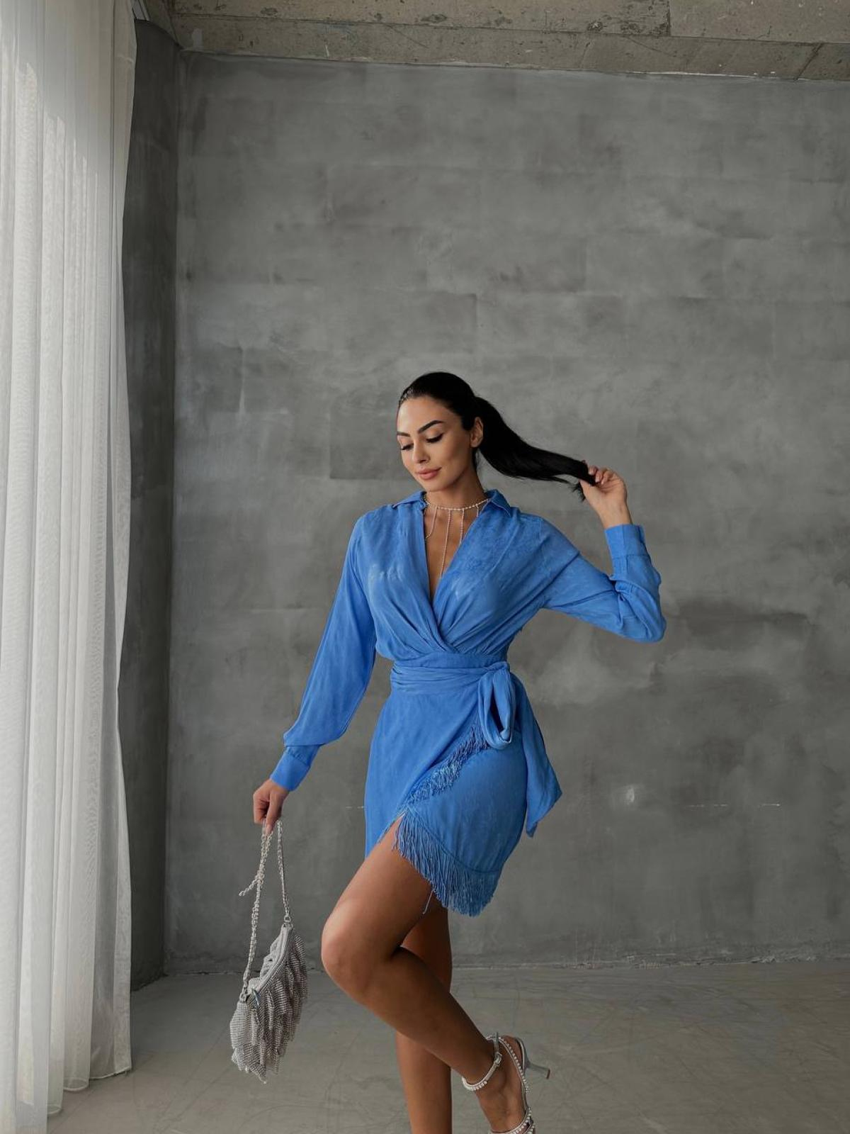 Women wrap mini dress with belt wholesale Blue color