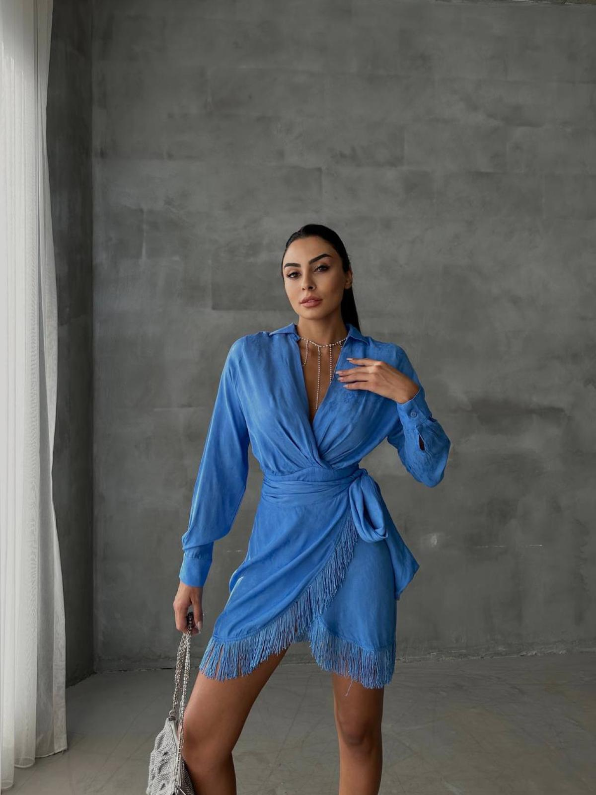 Women wrap mini dress with belt wholesale Blue color