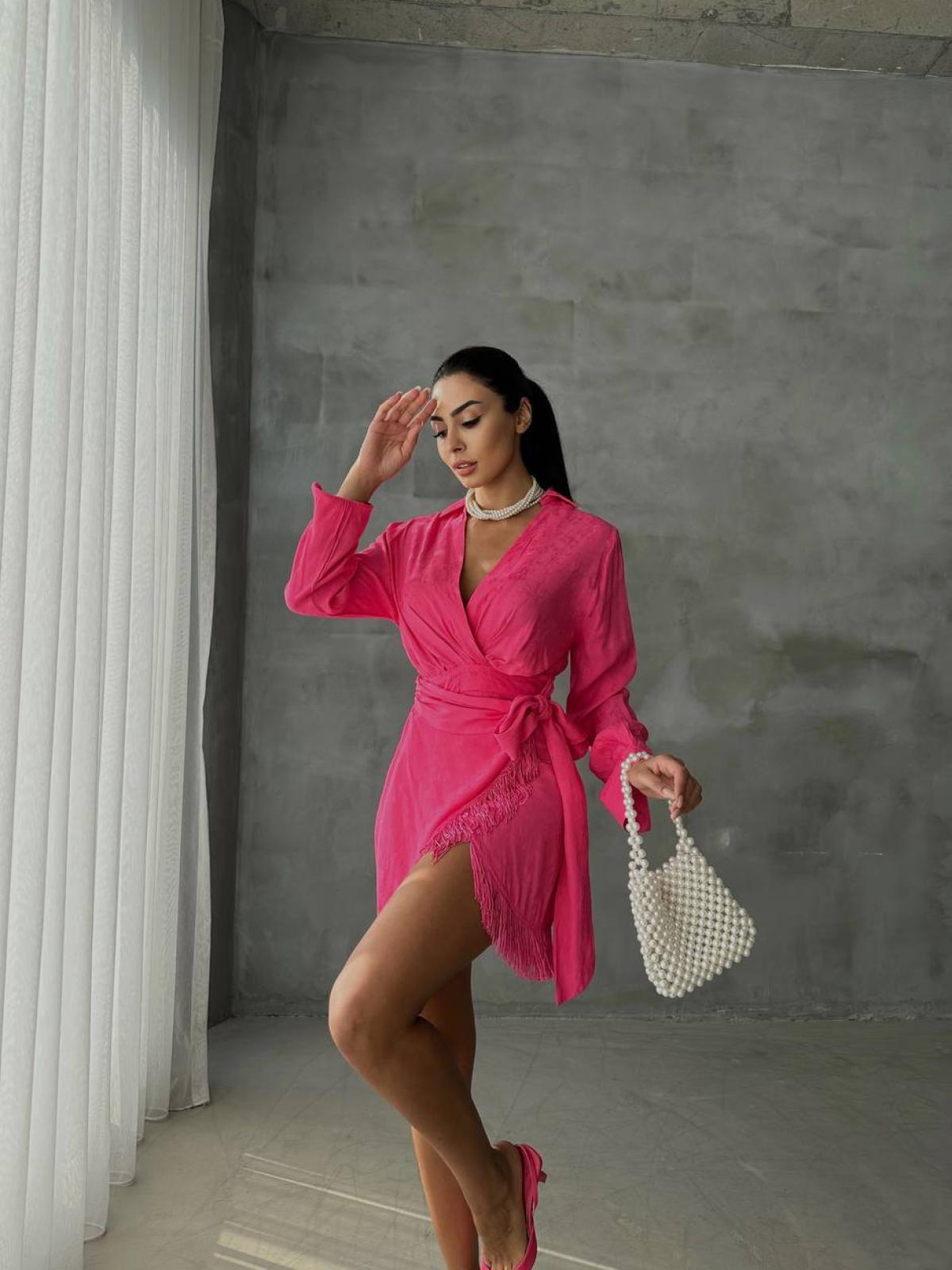 Women wrap mini dress with belt wholesale Fuchsia color