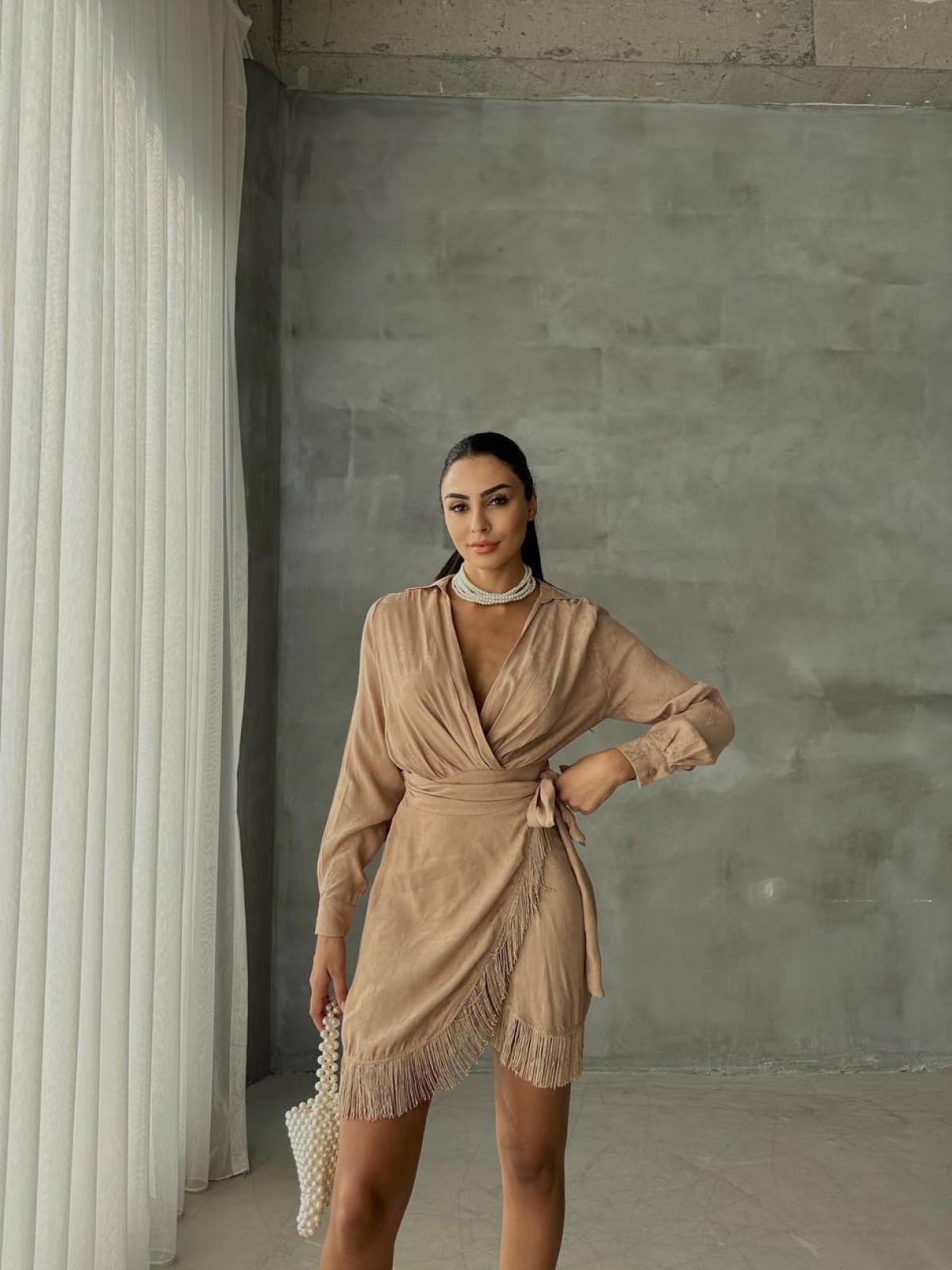 Women wrap mini dress with belt wholesale Beige color