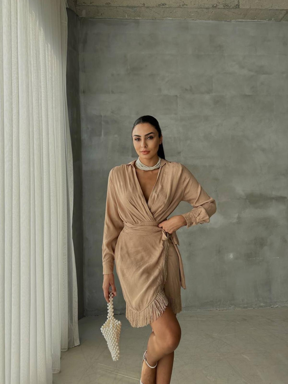 Women wrap mini dress with belt wholesale Beige color