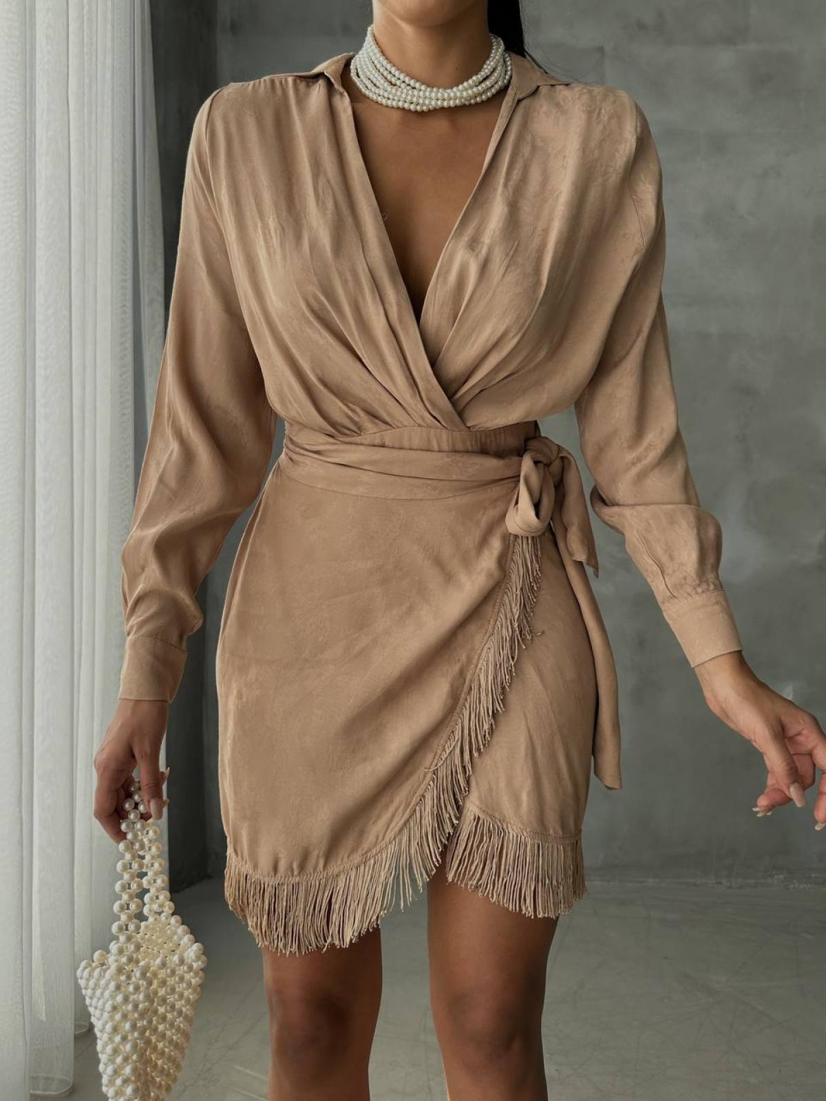 Women wrap mini dress with belt wholesale Beige color