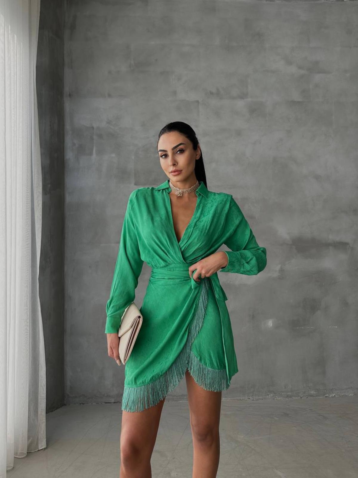 Women wrap mini dress with belt wholesale Green color