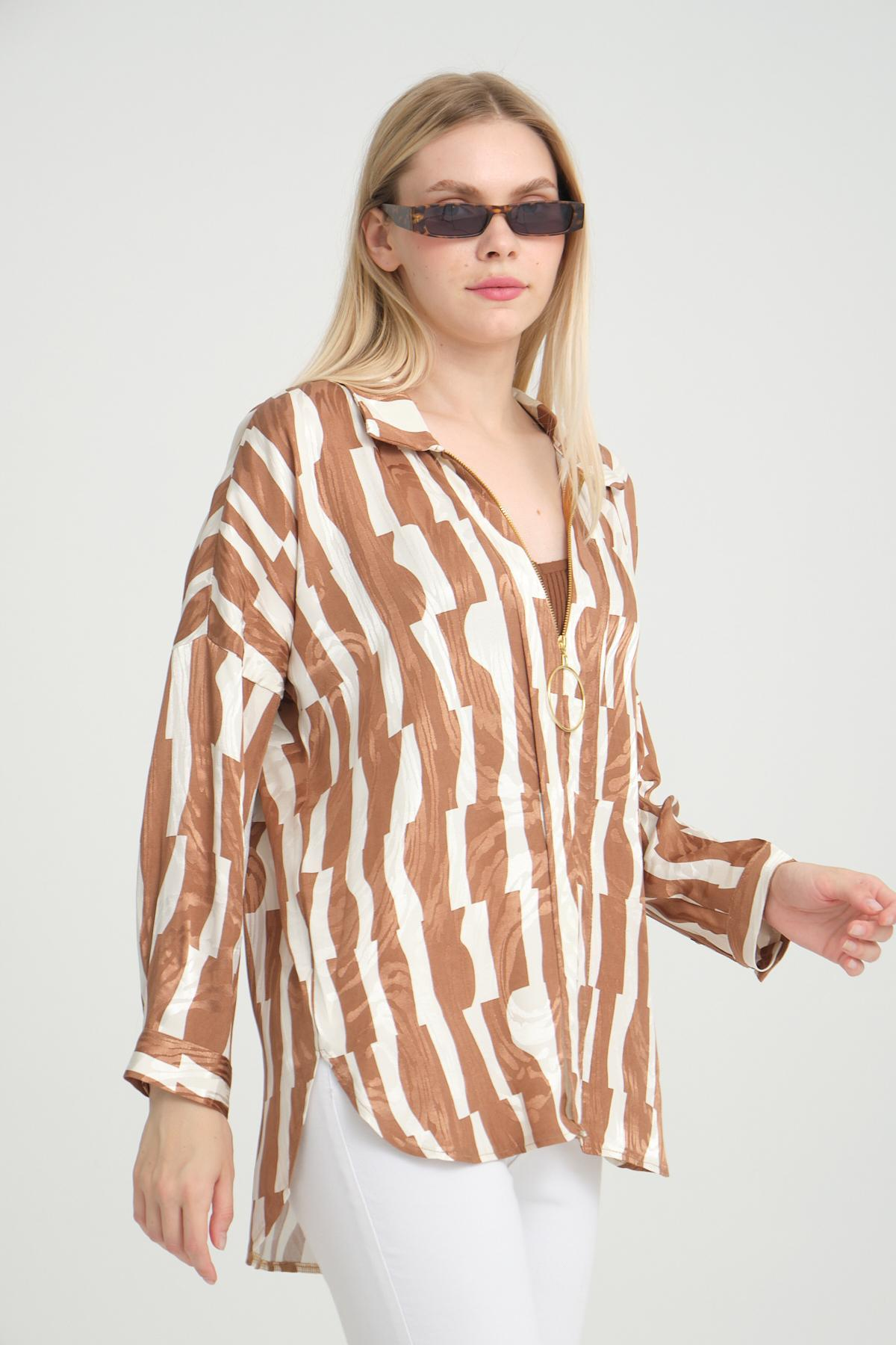 Women zip-up shirt patterned wholesale Beige color 696298