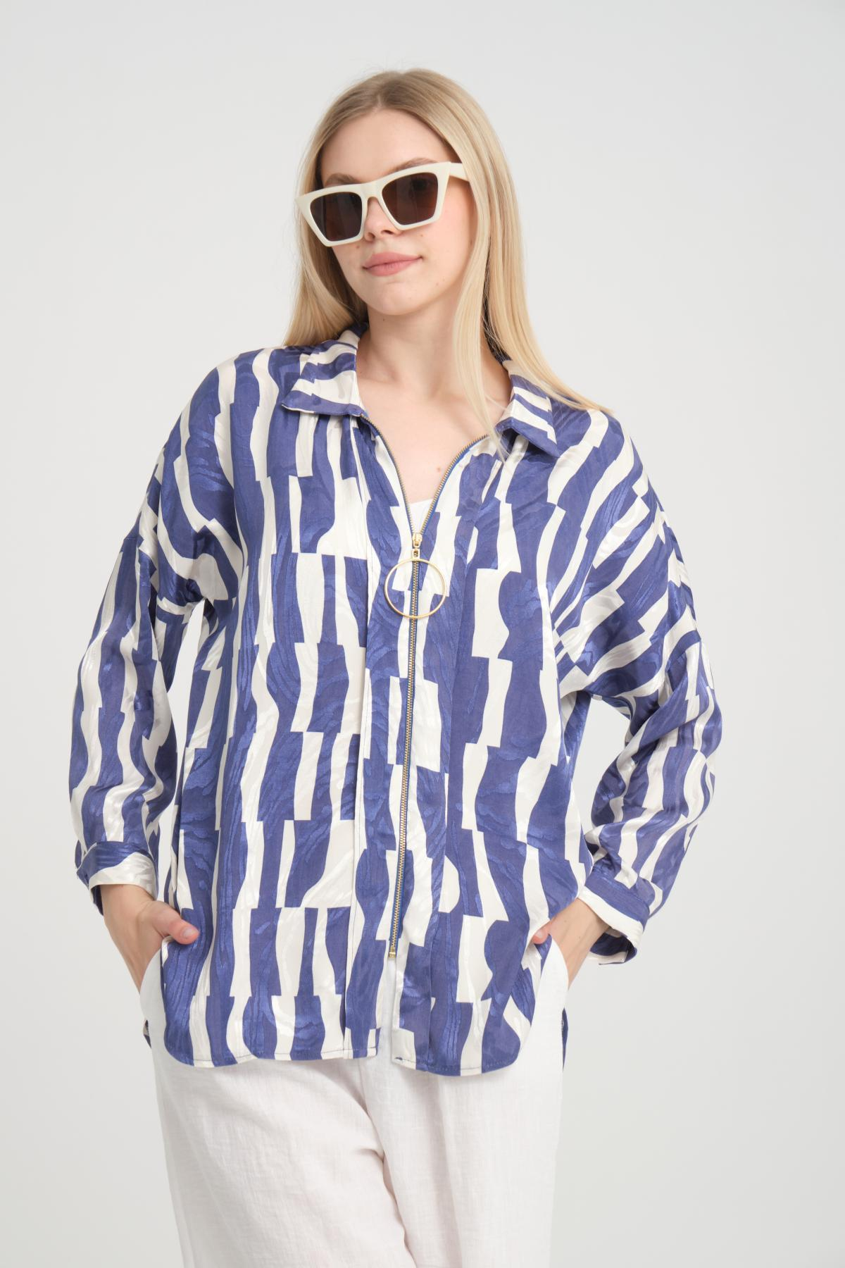 Women zip-up shirt patterned wholesale Indigo color 696299
