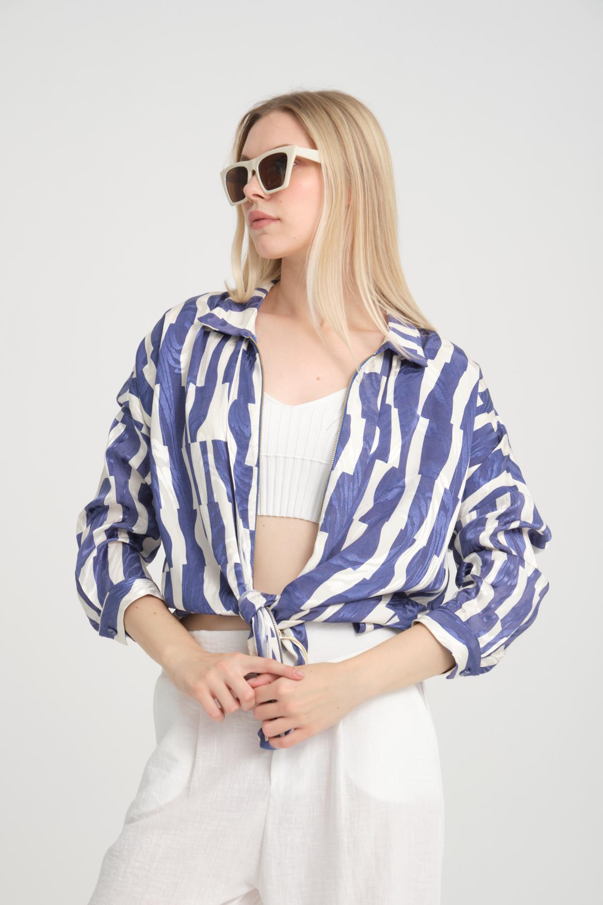 Women zip-up shirt patterned wholesale Indigo color 696299