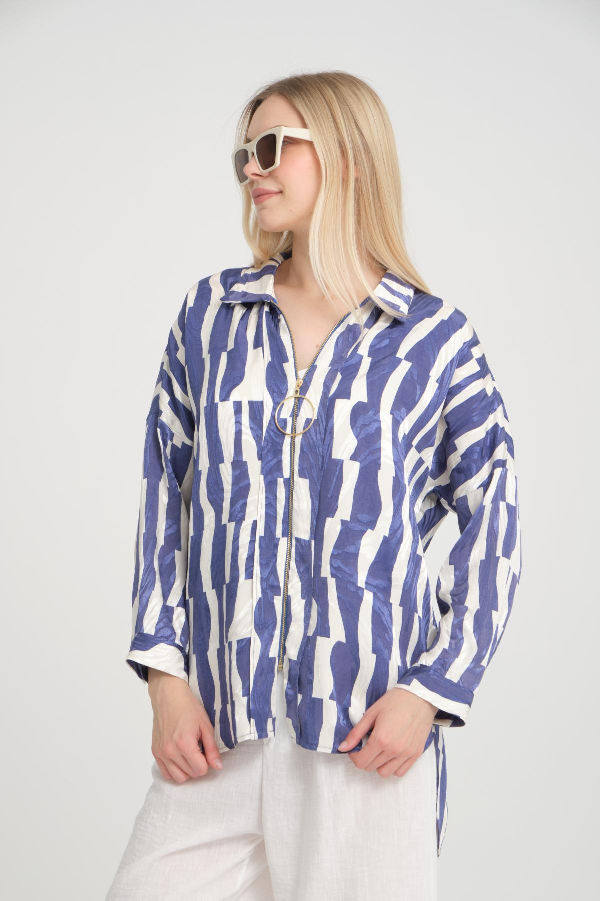 Women zip-up shirt patterned wholesale Indigo color 696299