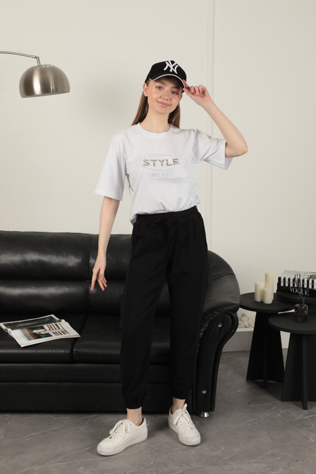 Women's Elastic Leg Trousers-Black