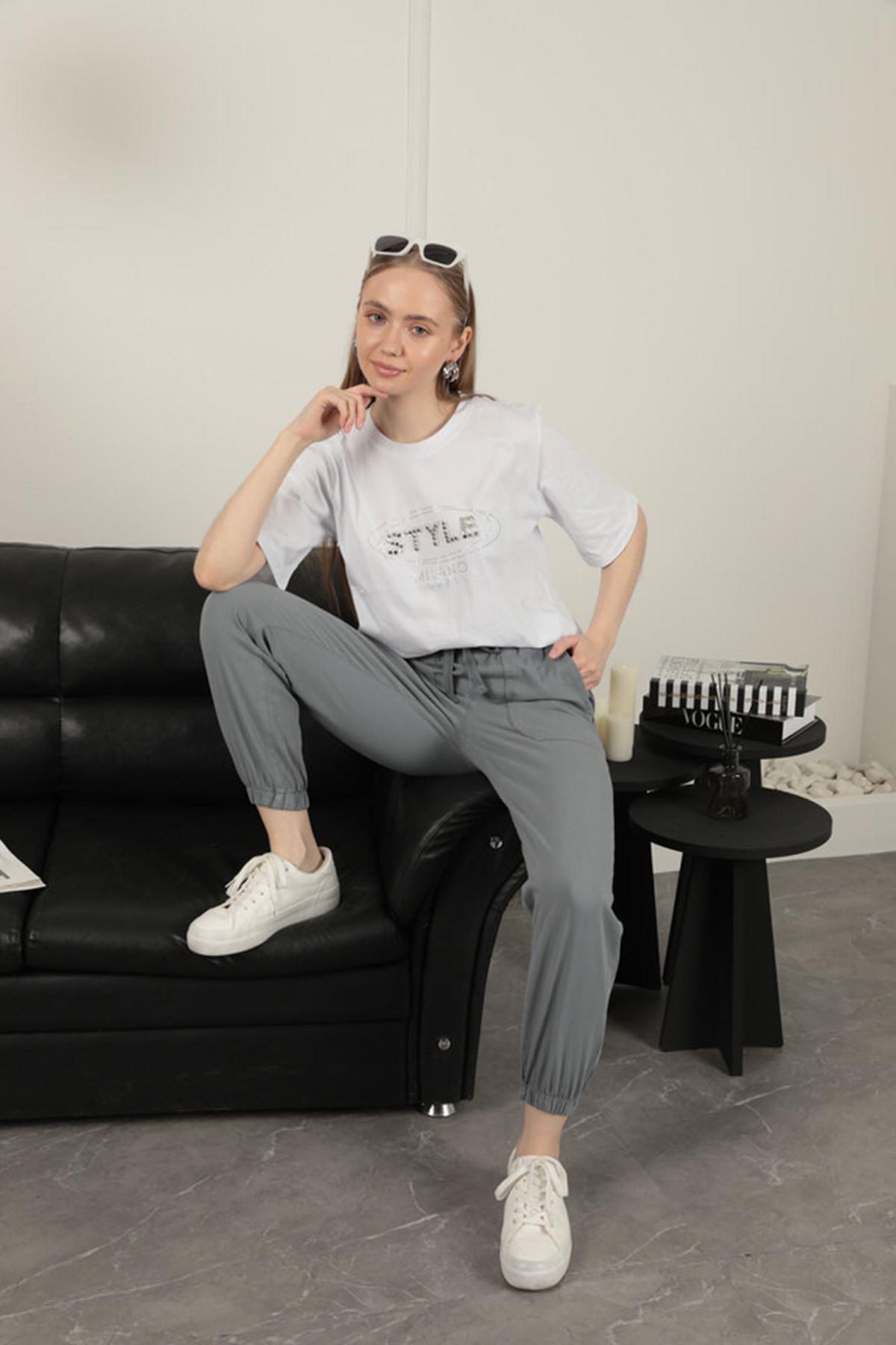 Women's Elastic Leg Trousers-Grey