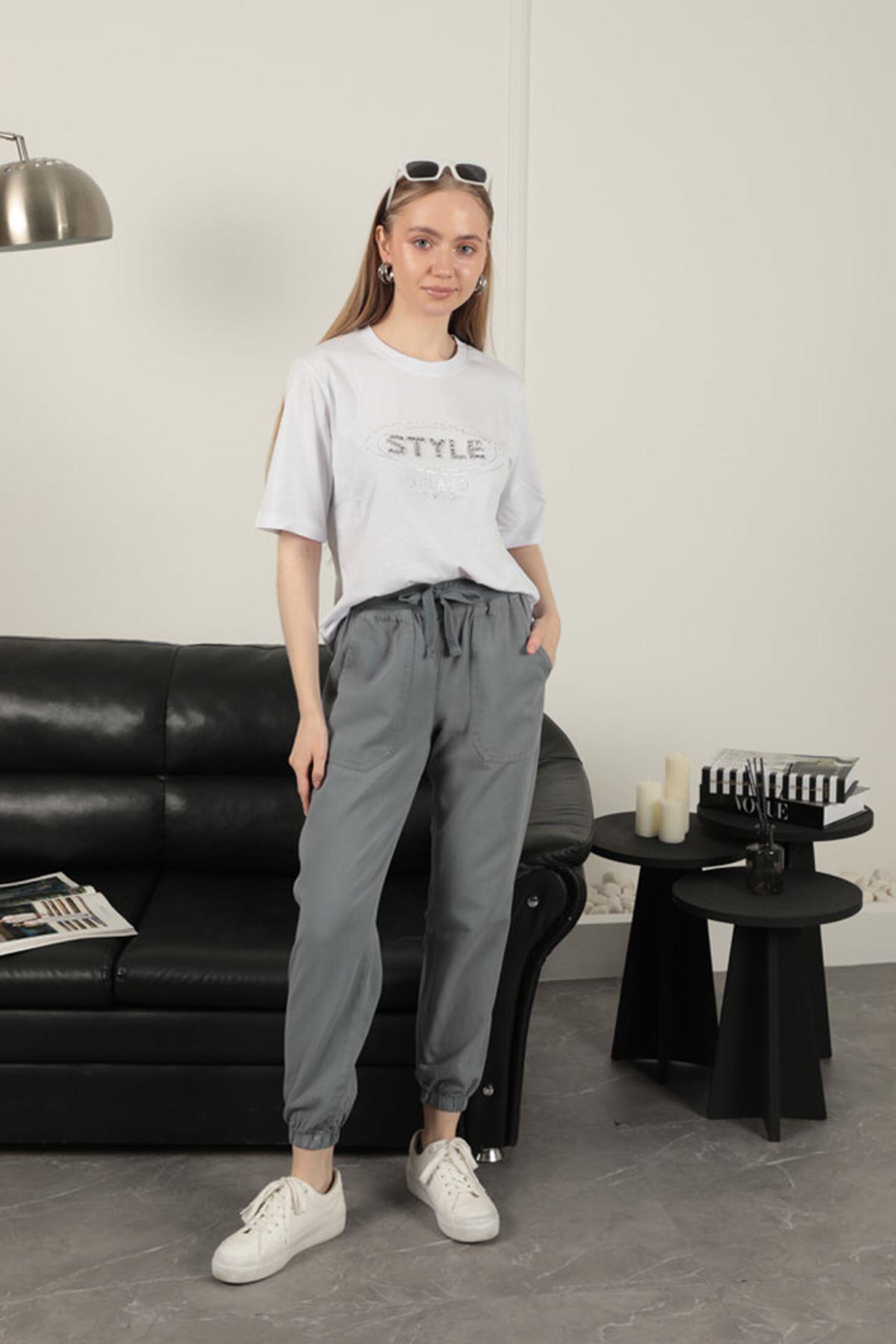 Women's Elastic Leg Trousers-Grey