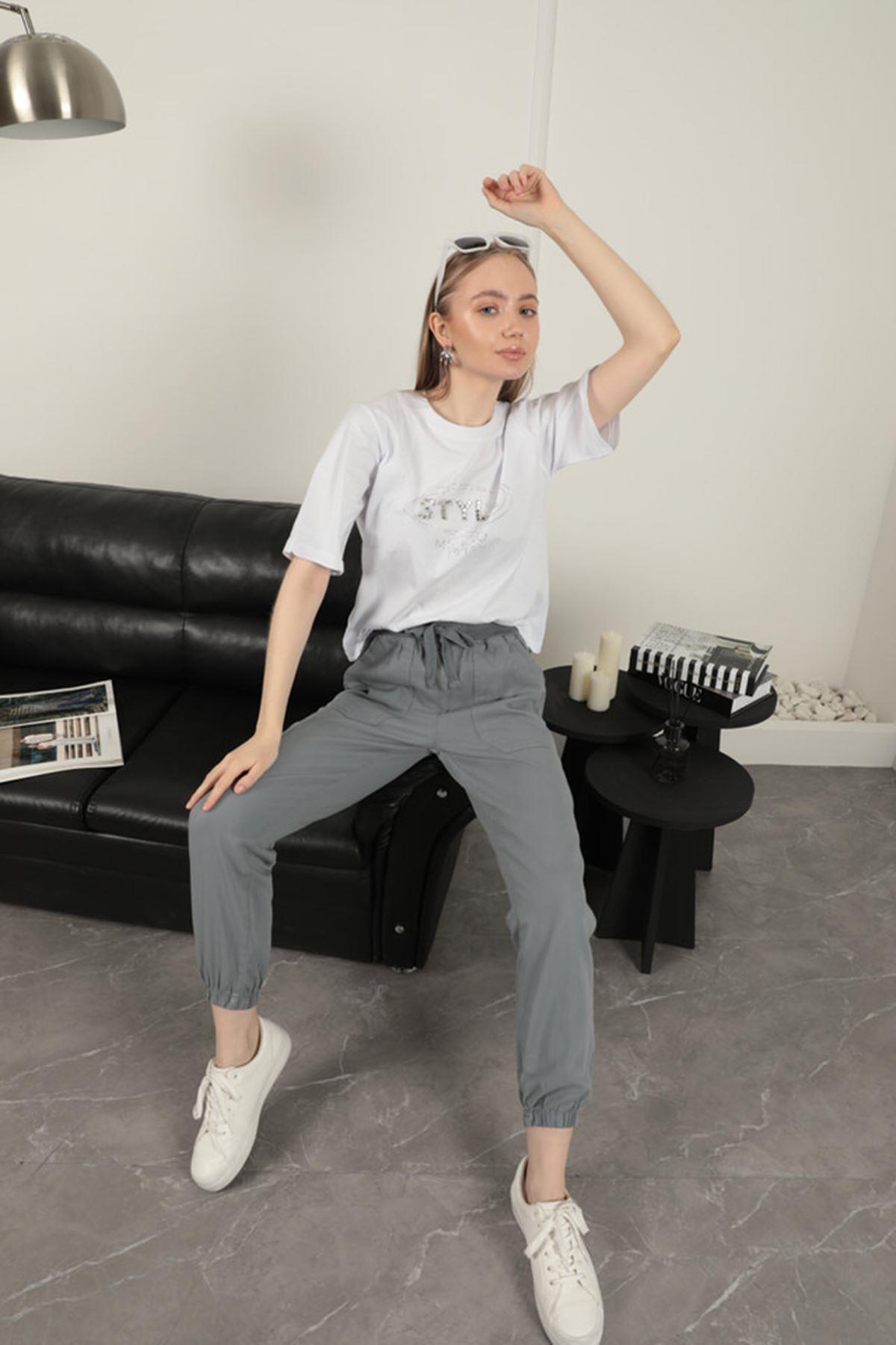 Women's Elastic Leg Trousers-Grey