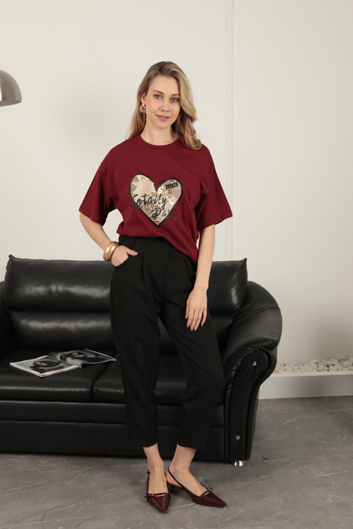 Women's T-Shirt with Sequin Detail-Burgundy