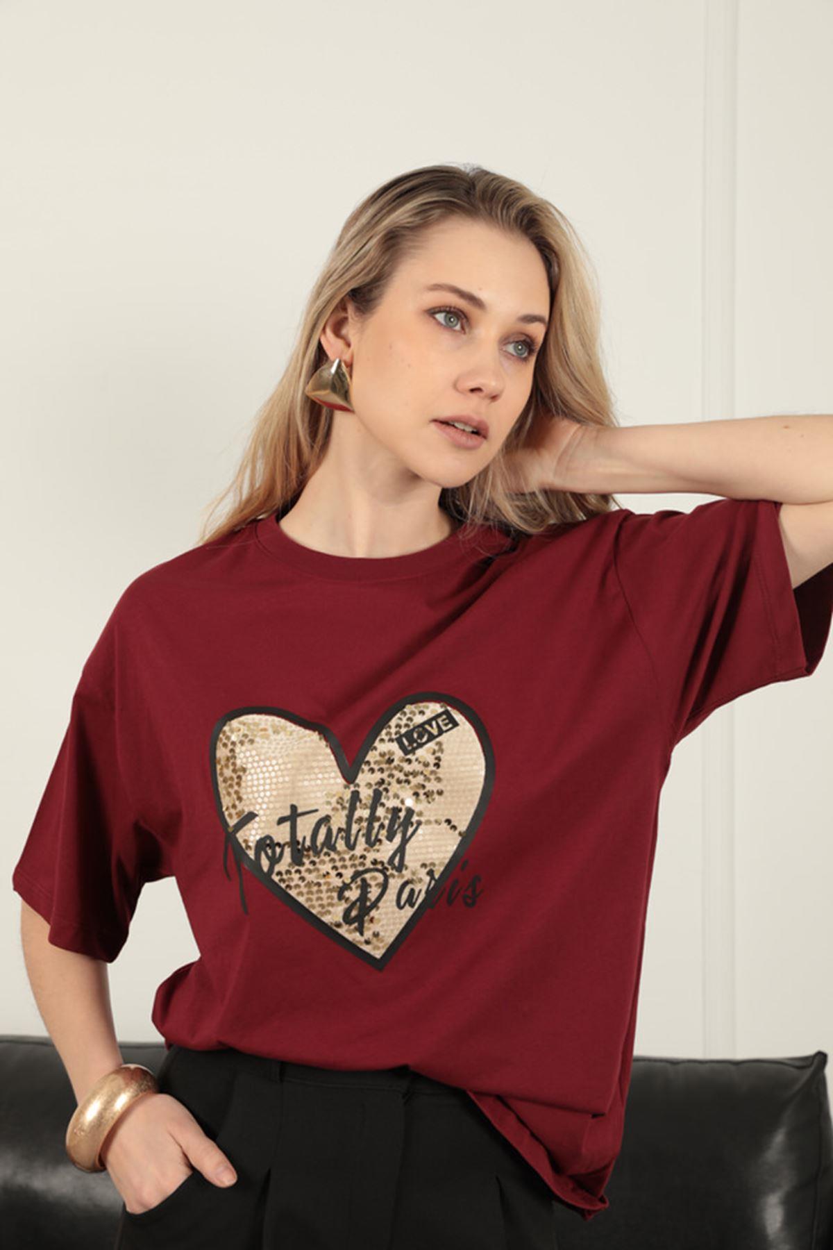 Women's T-Shirt with Sequin Detail-Burgundy