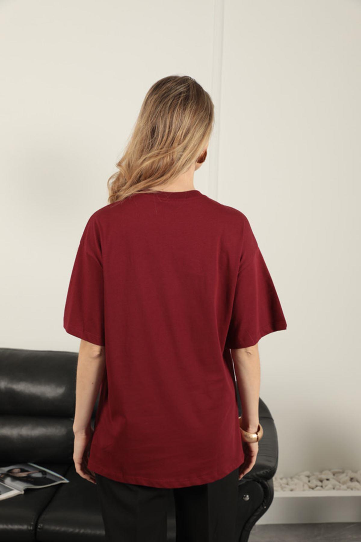 Women's T-Shirt with Sequin Detail-Burgundy