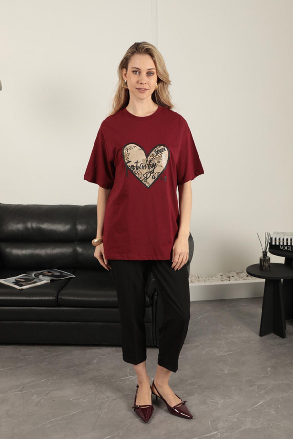 Women's T-Shirt with Sequin Detail-Burgundy