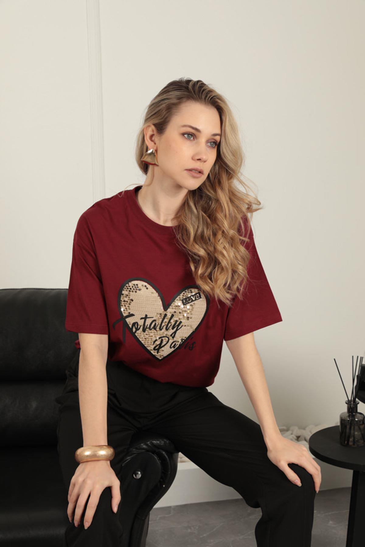 Women's T-Shirt with Sequin Detail-Burgundy