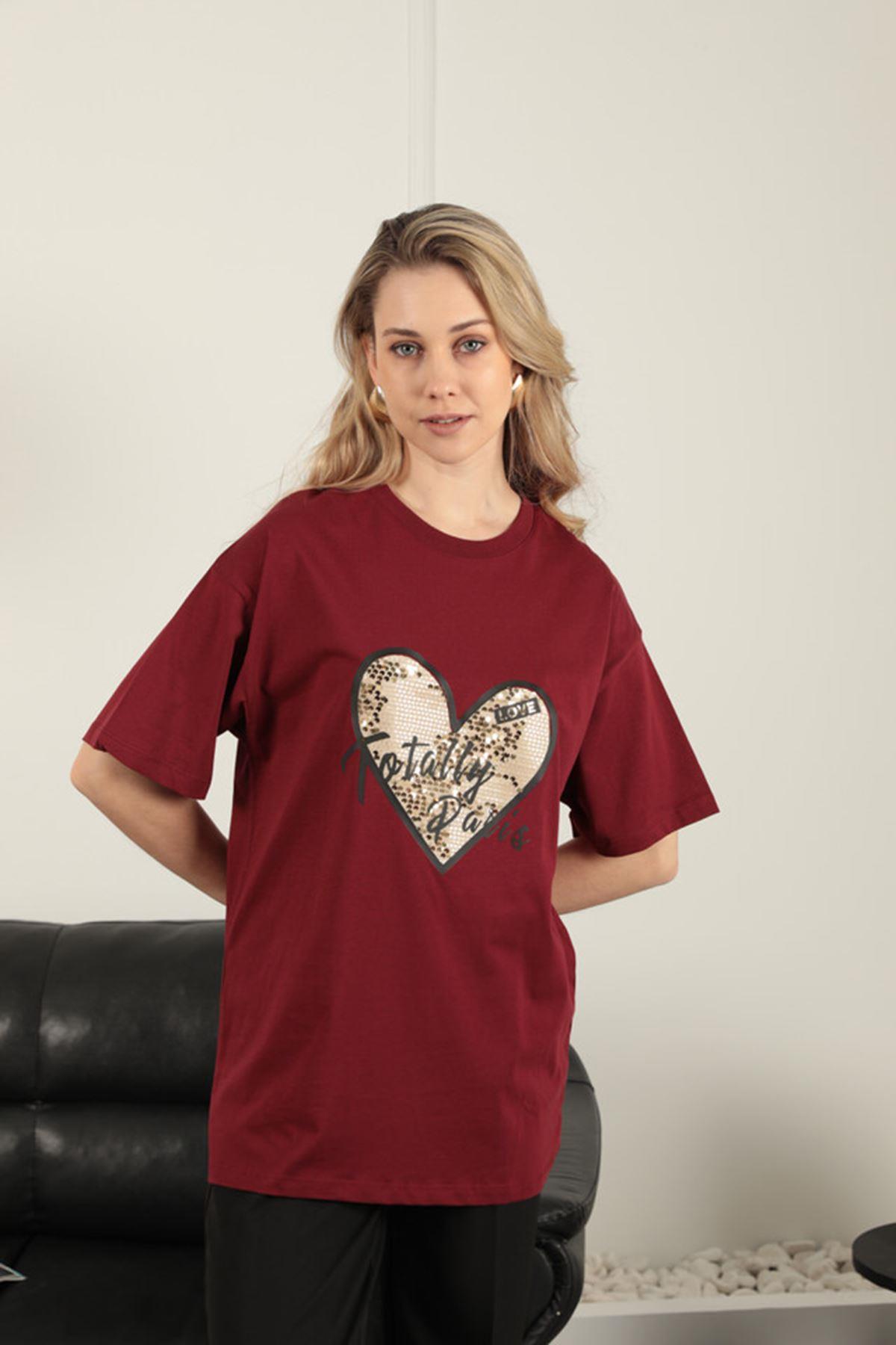 Women's T-Shirt with Sequin Detail-Burgundy