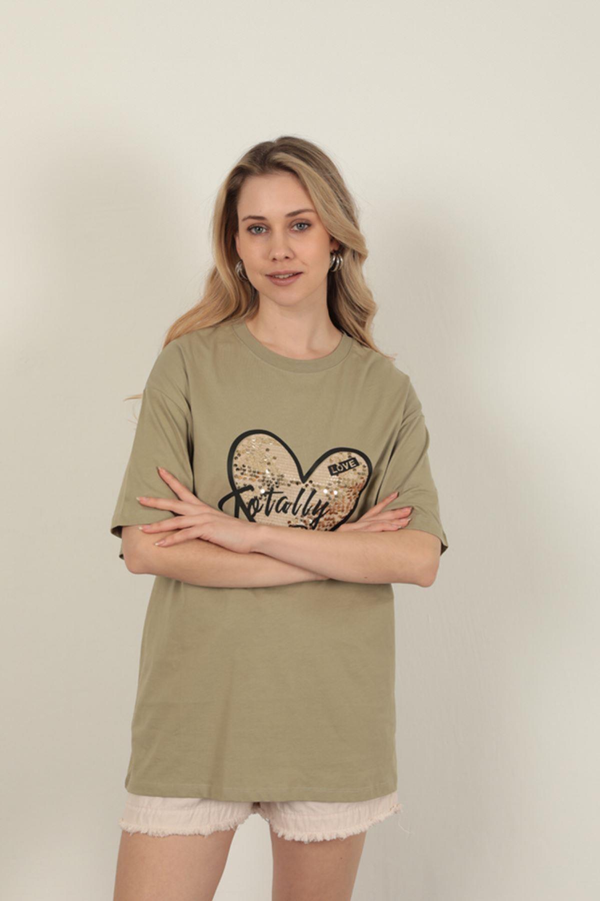 Women's T-Shirt with Sequin Detail-Khaki