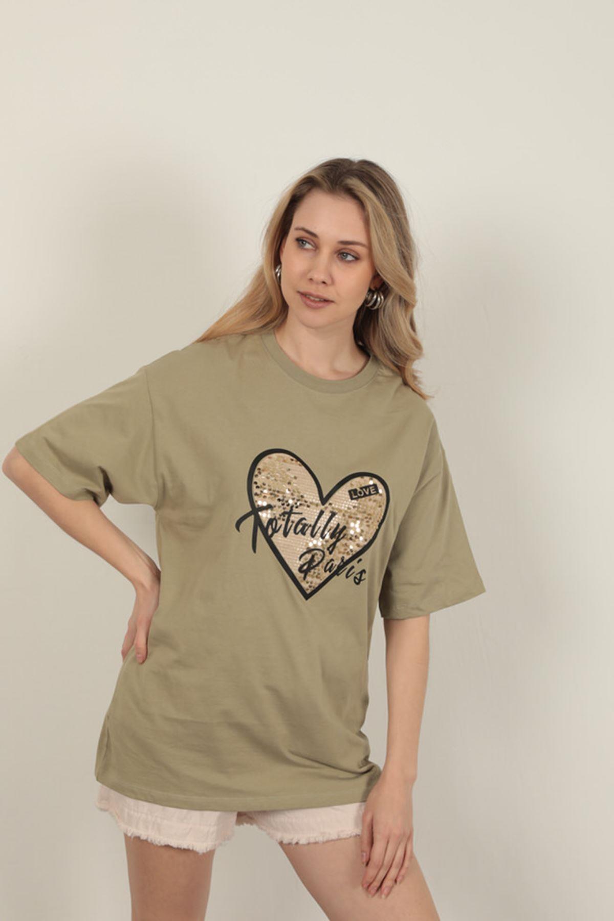 Women's T-Shirt with Sequin Detail-Khaki