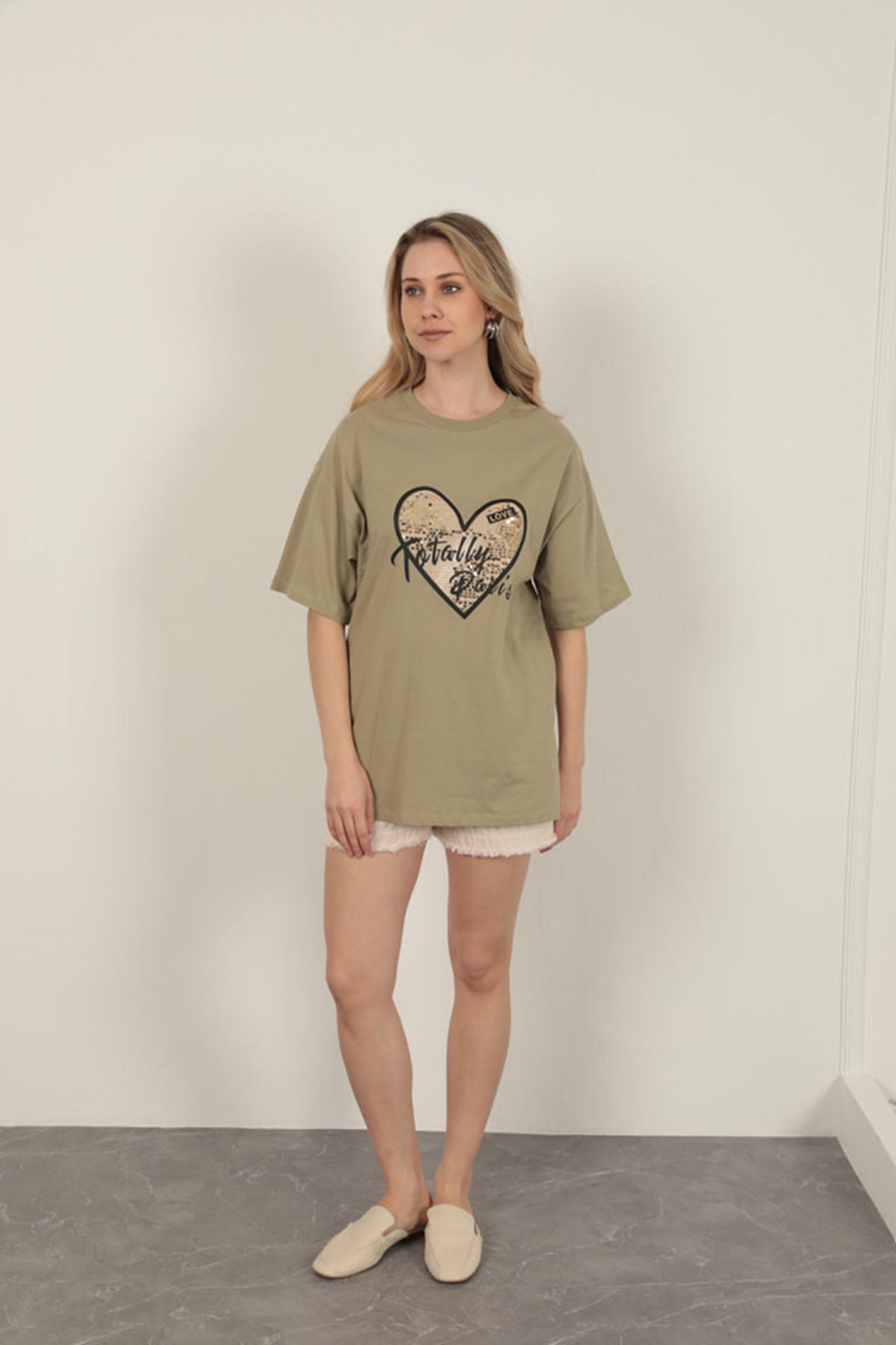 Women's T-Shirt with Sequin Detail-Khaki
