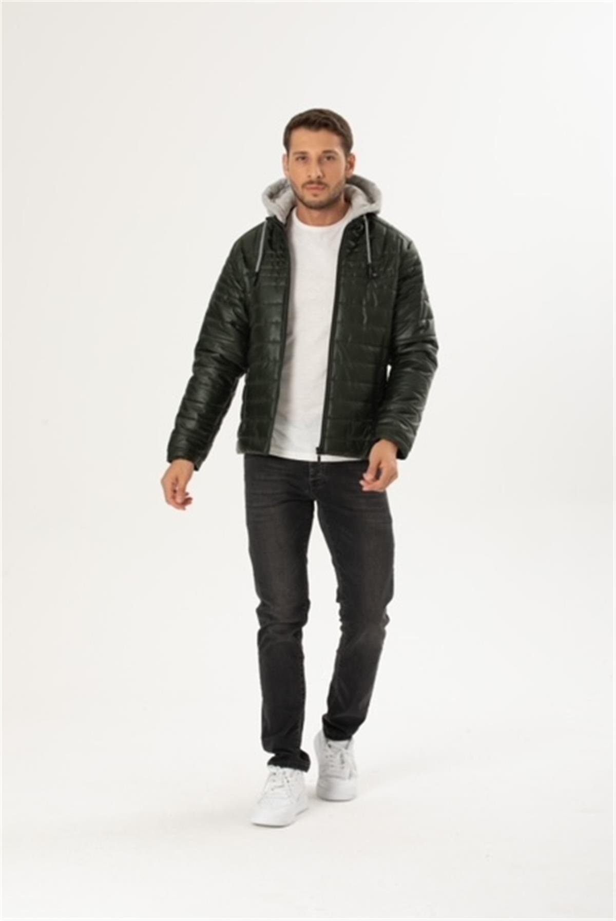 Wholesale Green Faux Leather Hooded Puffer Jacket 3036Y