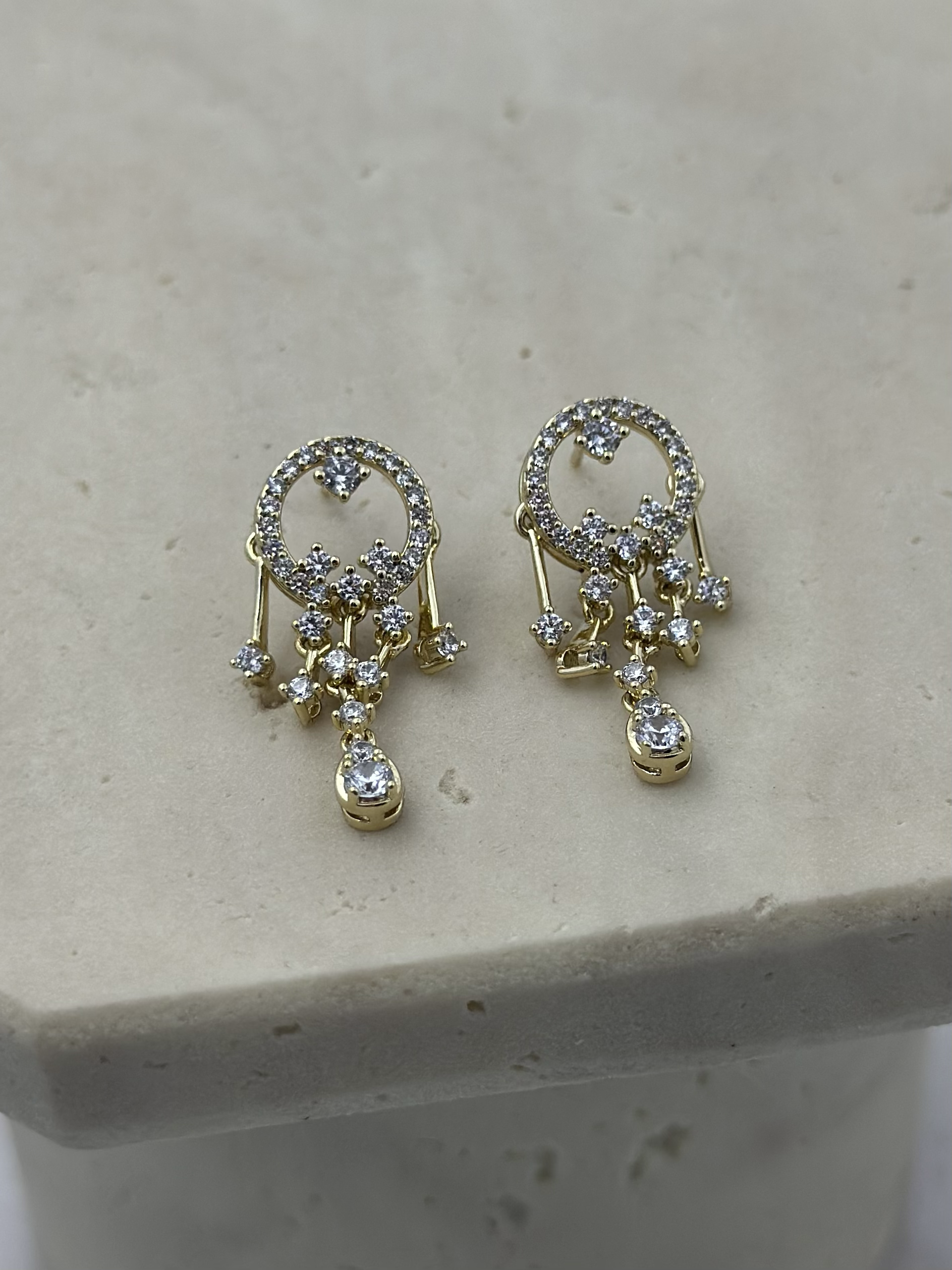 14K VIP Daire Plakada Zirkon Taşlı Sıra Sallantılı Küpe