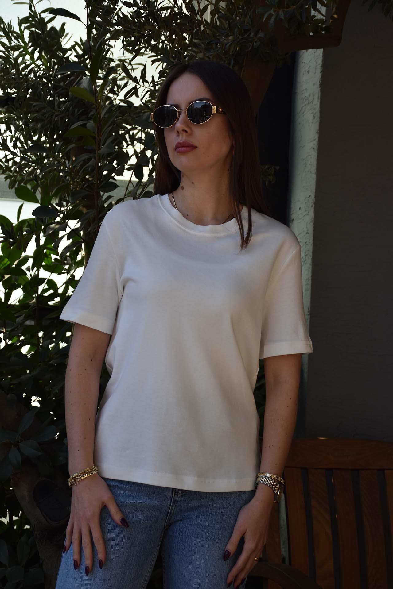 Bisiklet Yaka Tshirt - Beyaz