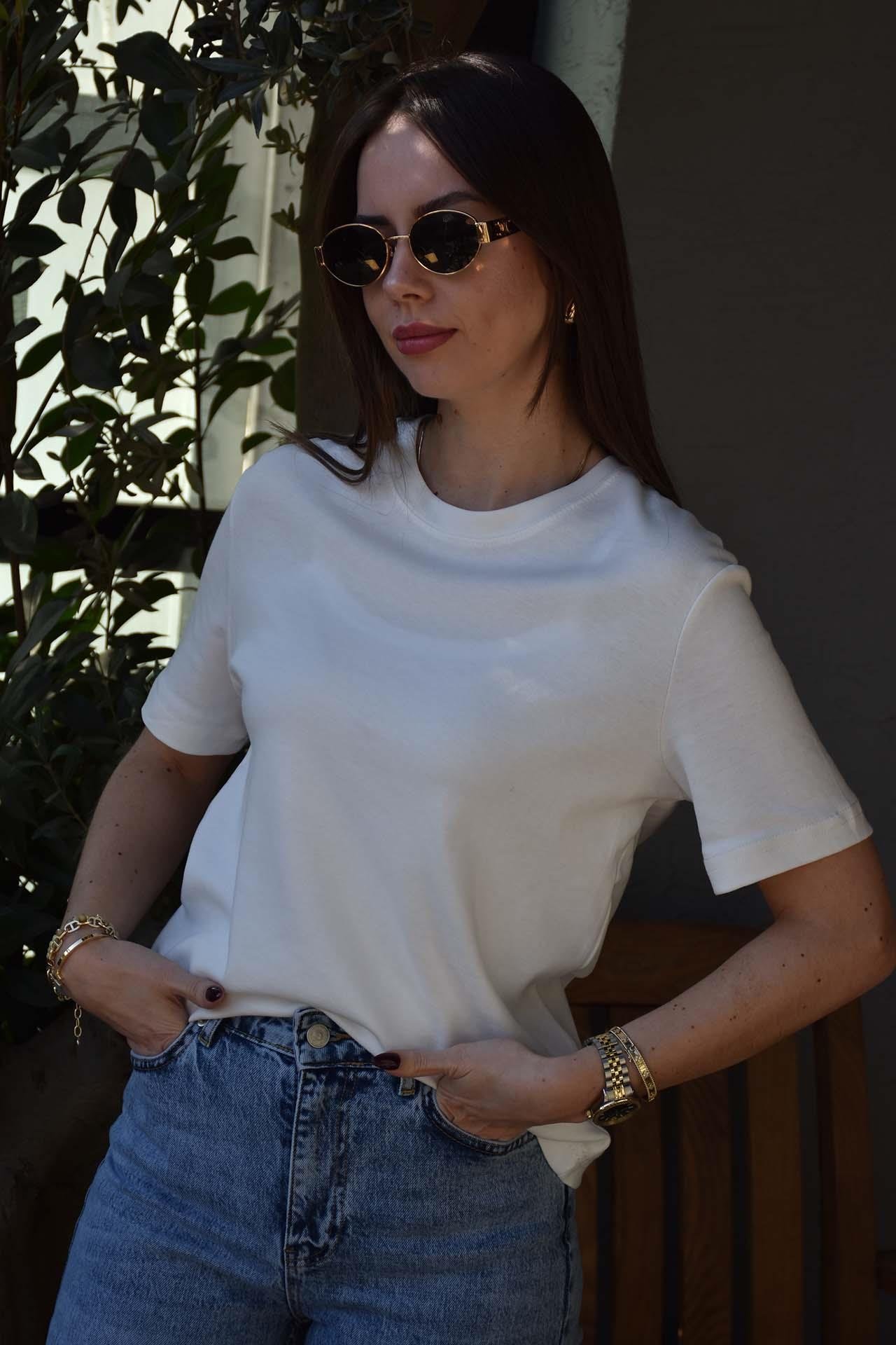 Bisiklet Yaka Tshirt - Beyaz