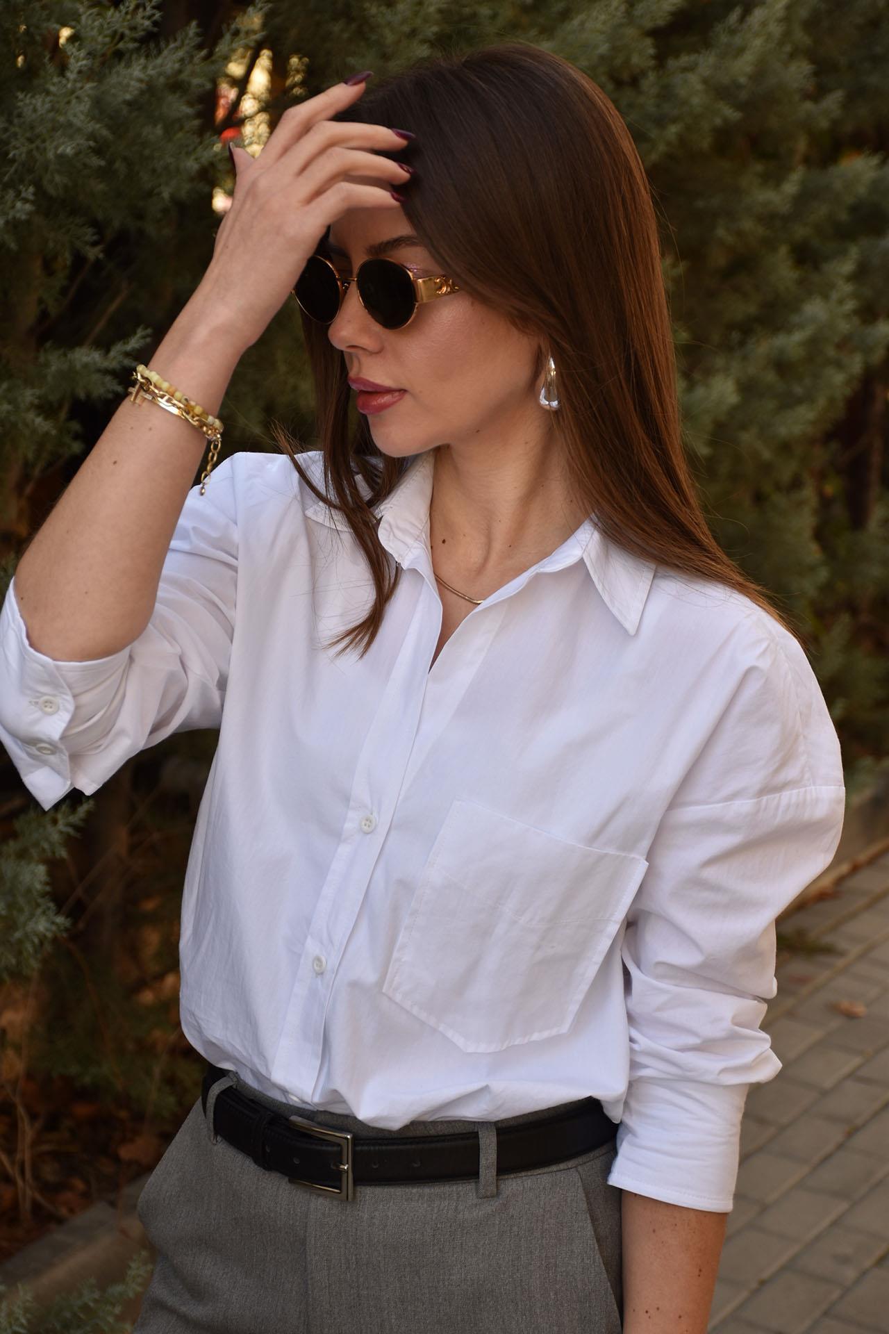 Boyfriend Basic Cepli Gömlek - Beyaz