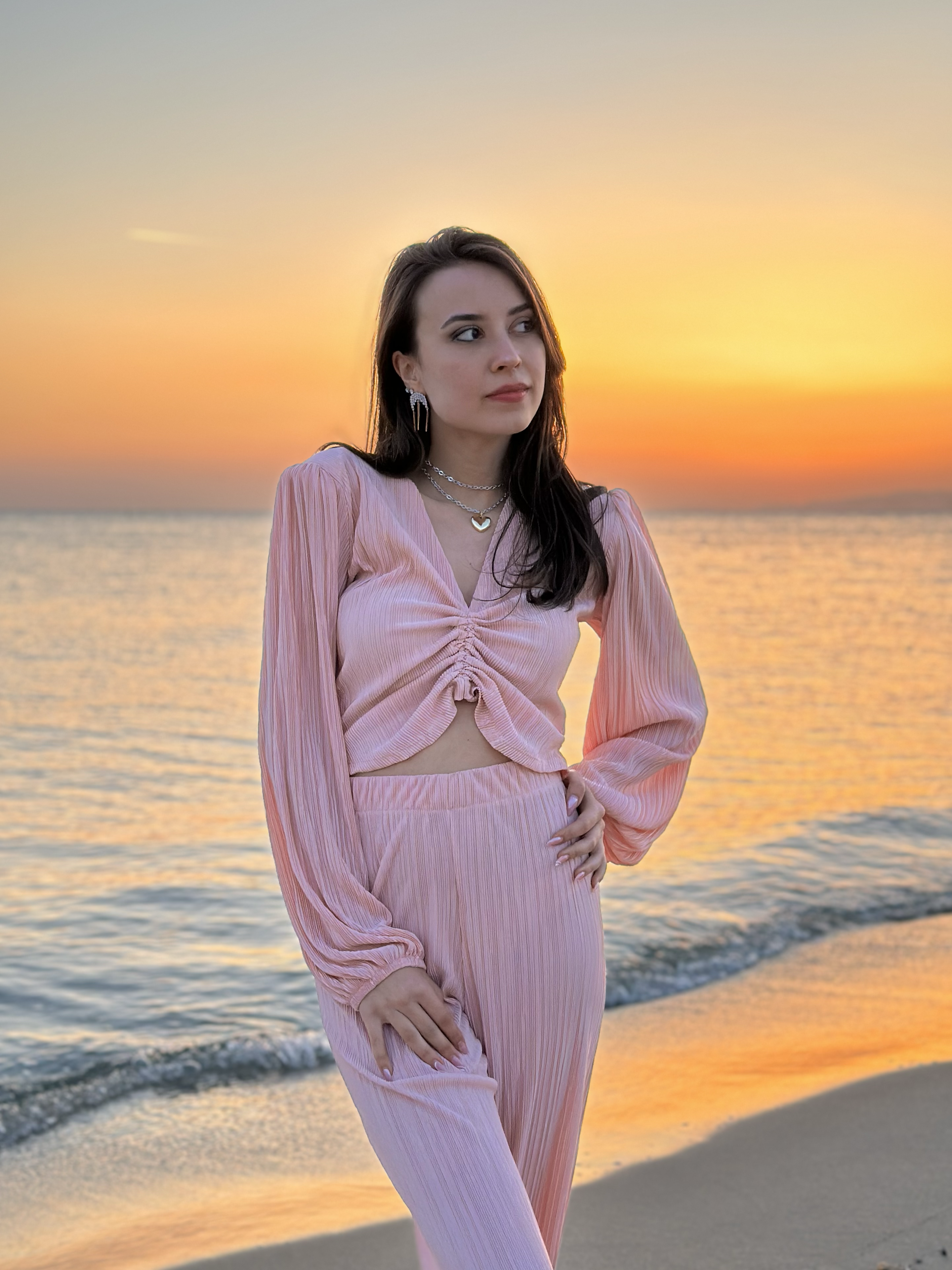 Fitilli Büzgülü Ayarlamalı Bluz / Pantolon Takım - Pudra Pembe