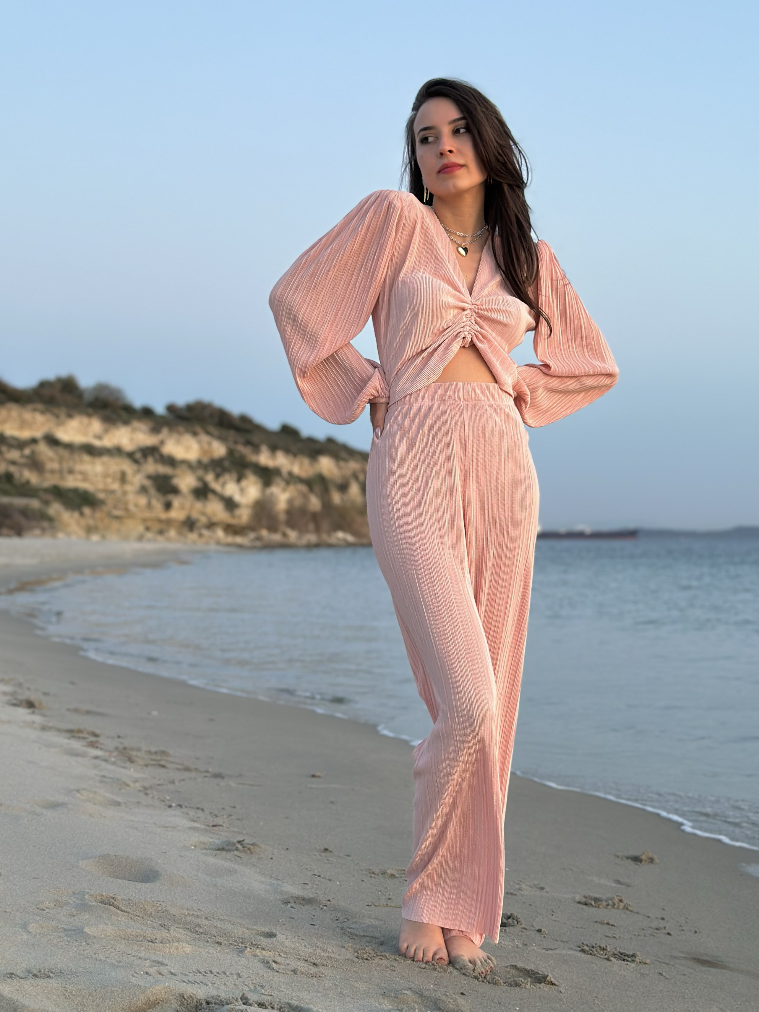 Fitilli Büzgülü Ayarlamalı Bluz / Pantolon Takım - Pudra Pembe