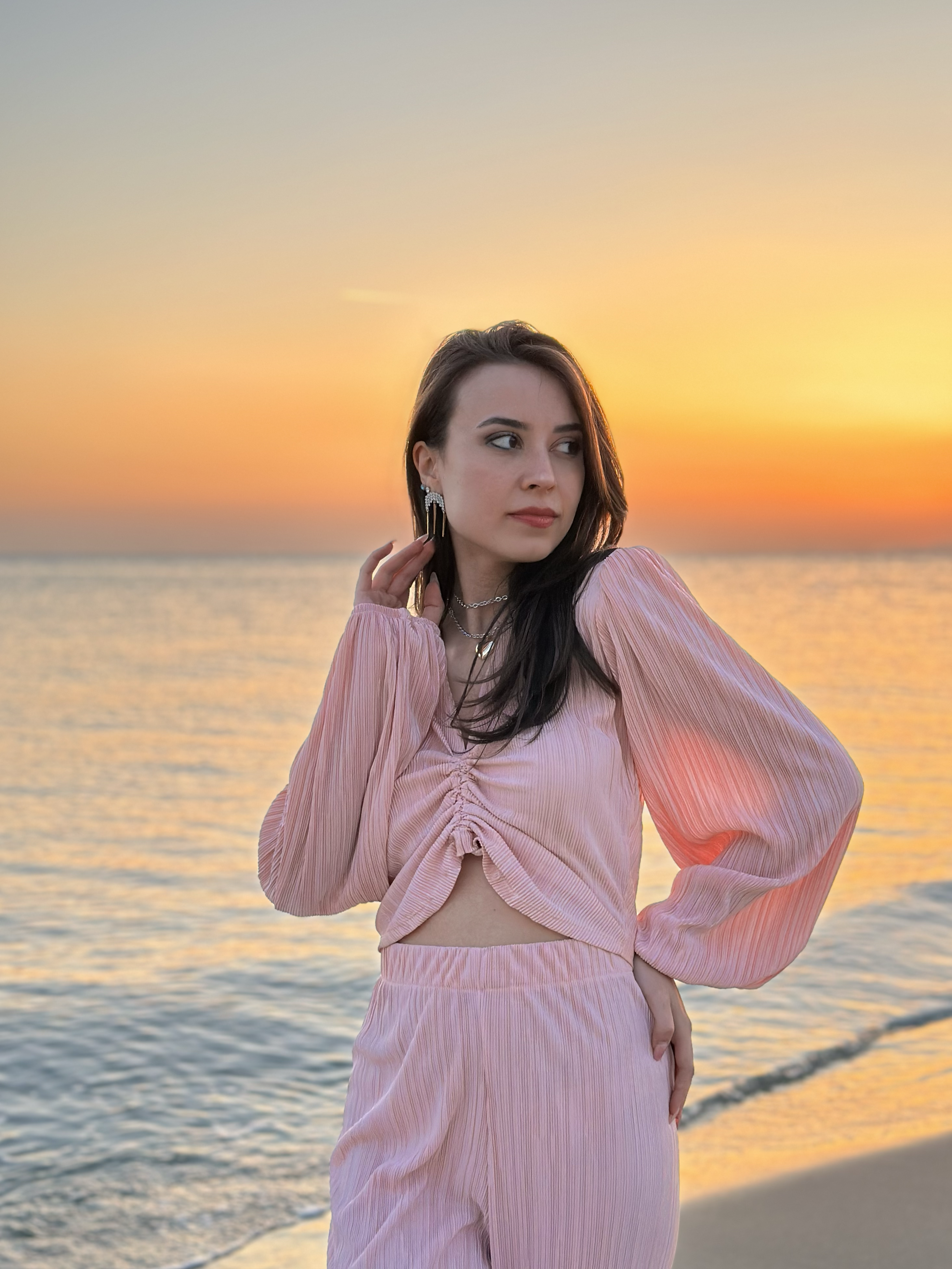 Fitilli Büzgülü Ayarlamalı Bluz / Pantolon Takım - Pudra Pembe