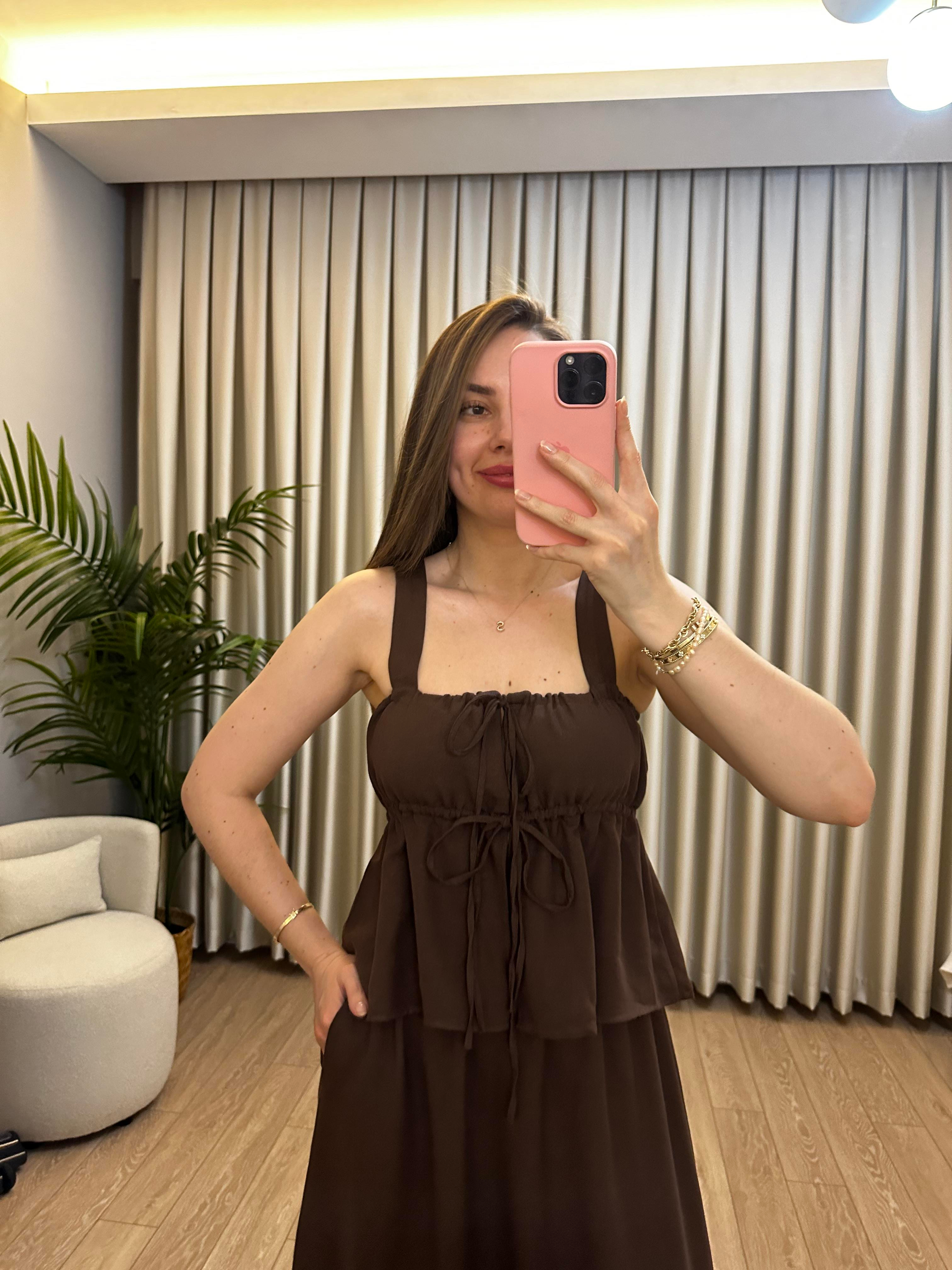 Premium Seri Acı Kahve Keten Bluz / Etek Takım