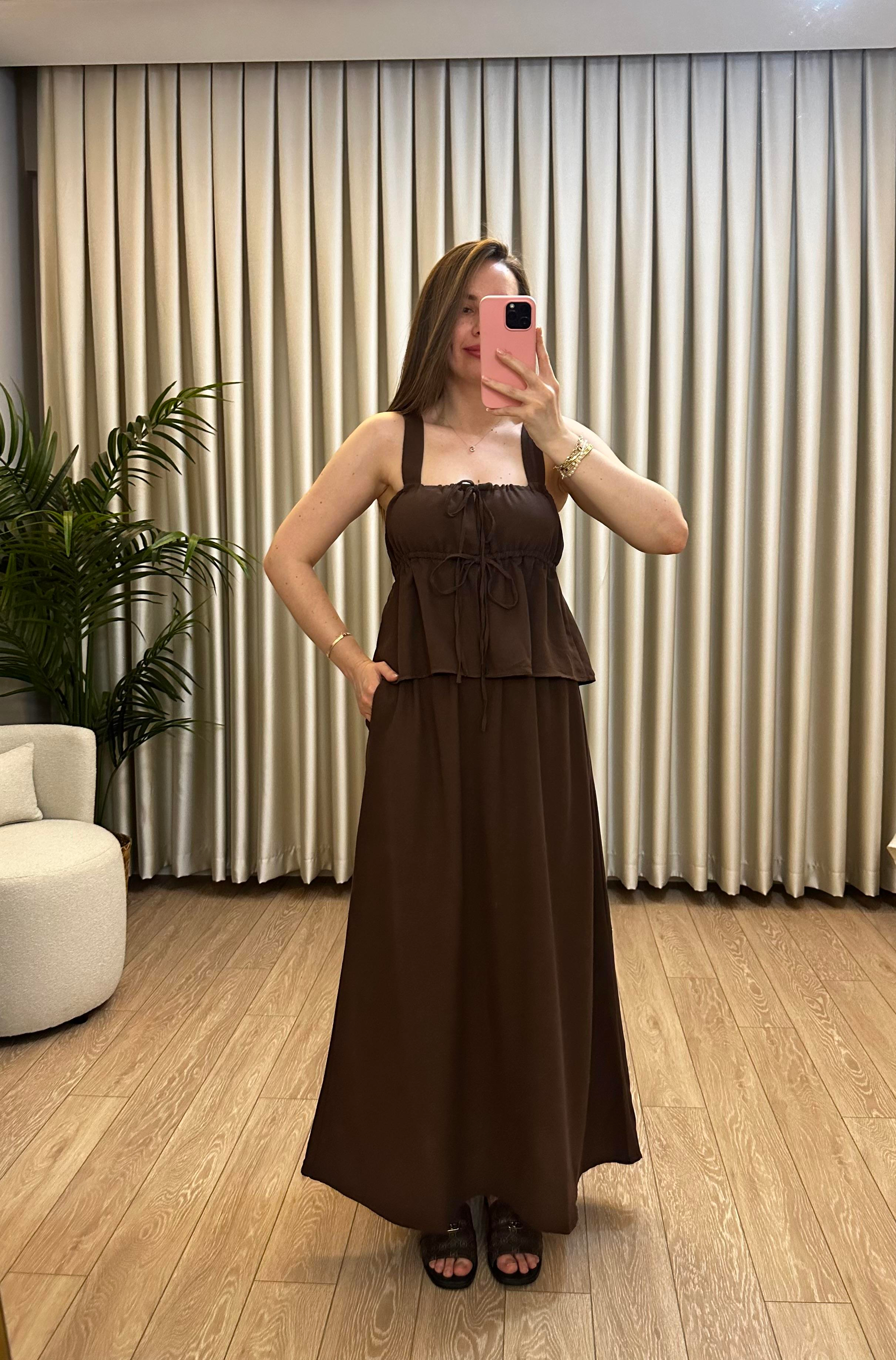 Premium Seri Acı Kahve Keten Bluz / Etek Takım