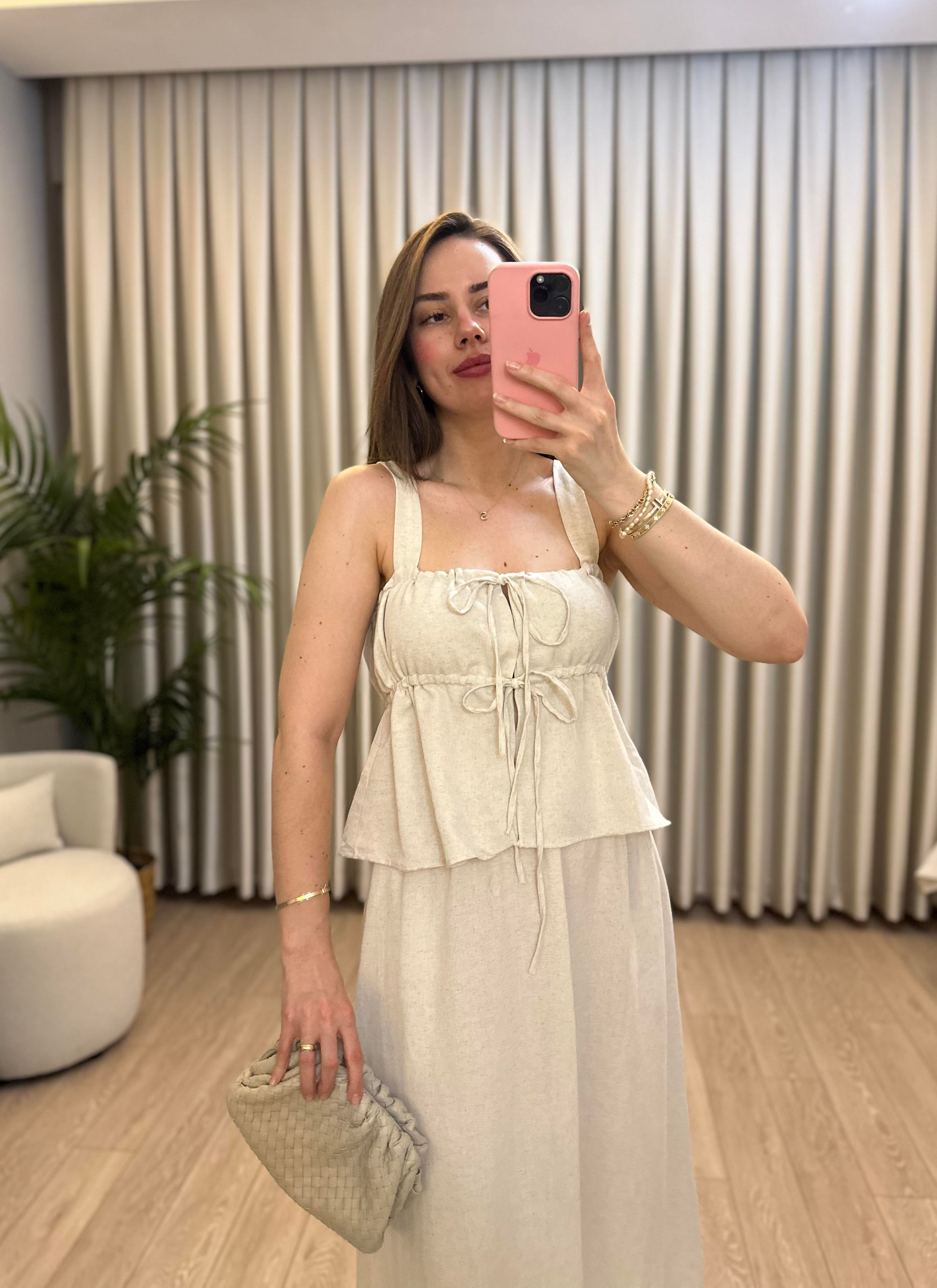 Premium Seri Bej Keten Bluz / Etek Takım