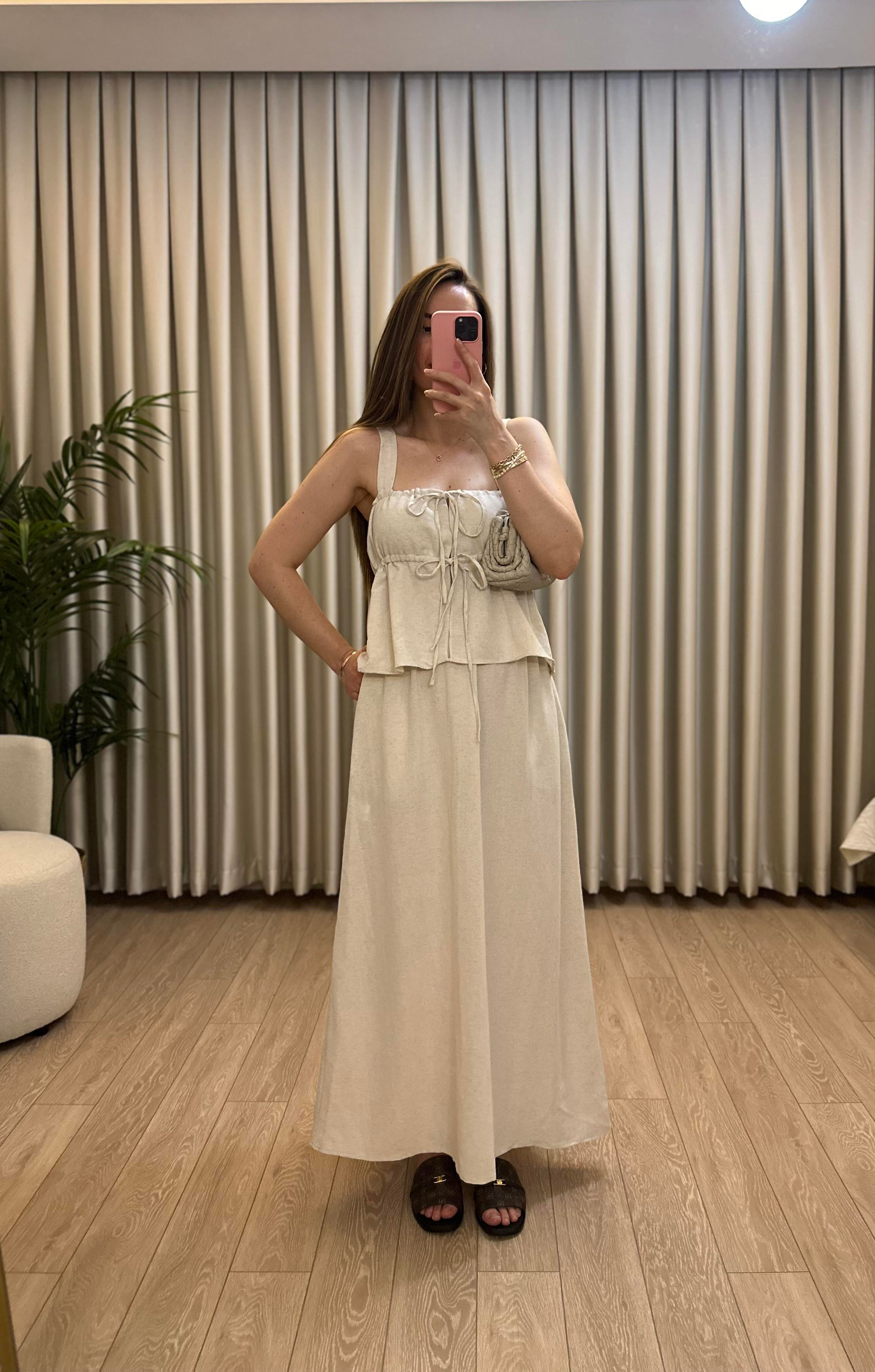 Premium Seri Bej Keten Bluz / Etek Takım