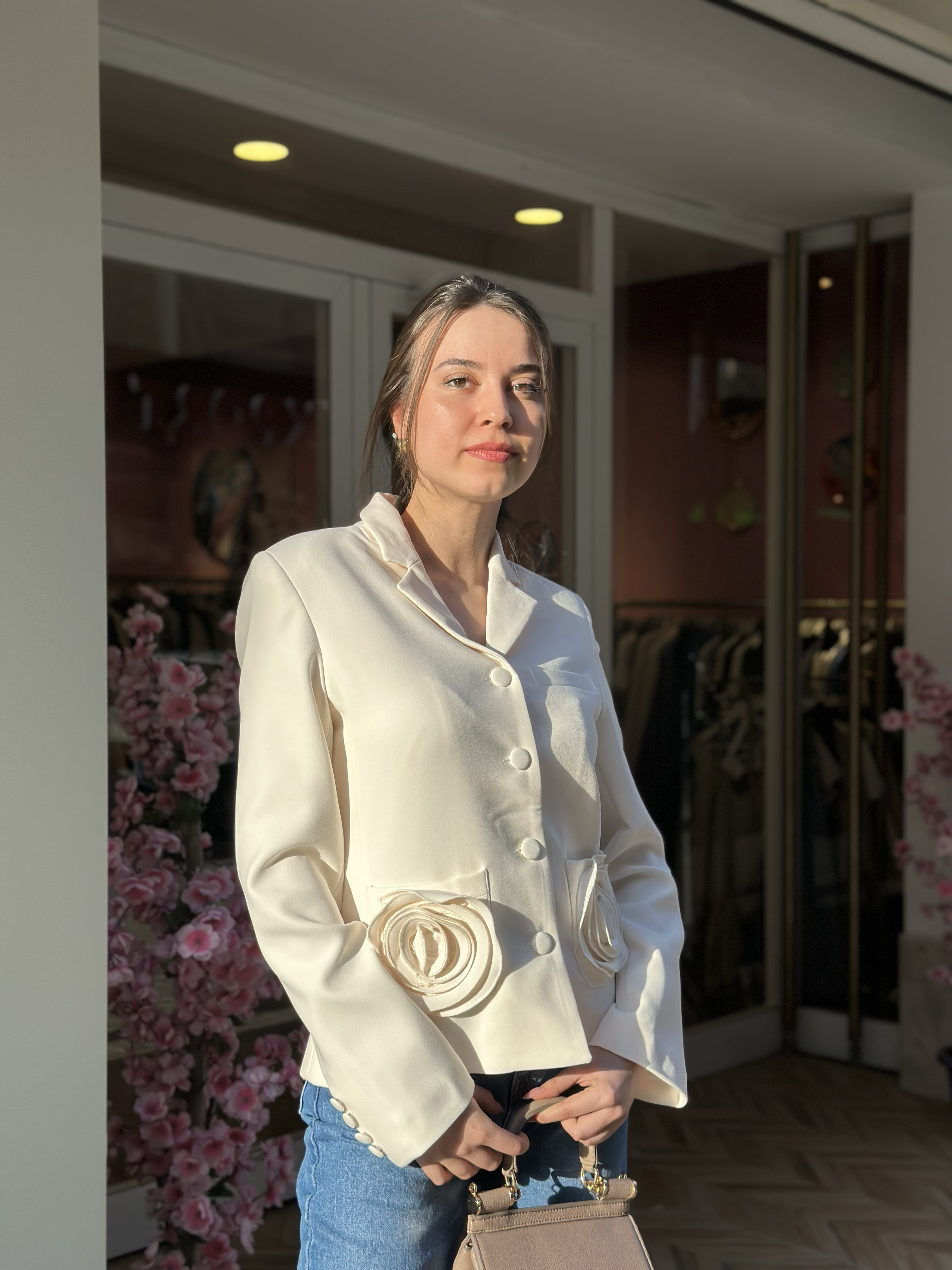 Premium Seri Gül Cepli Ceket - Ekru