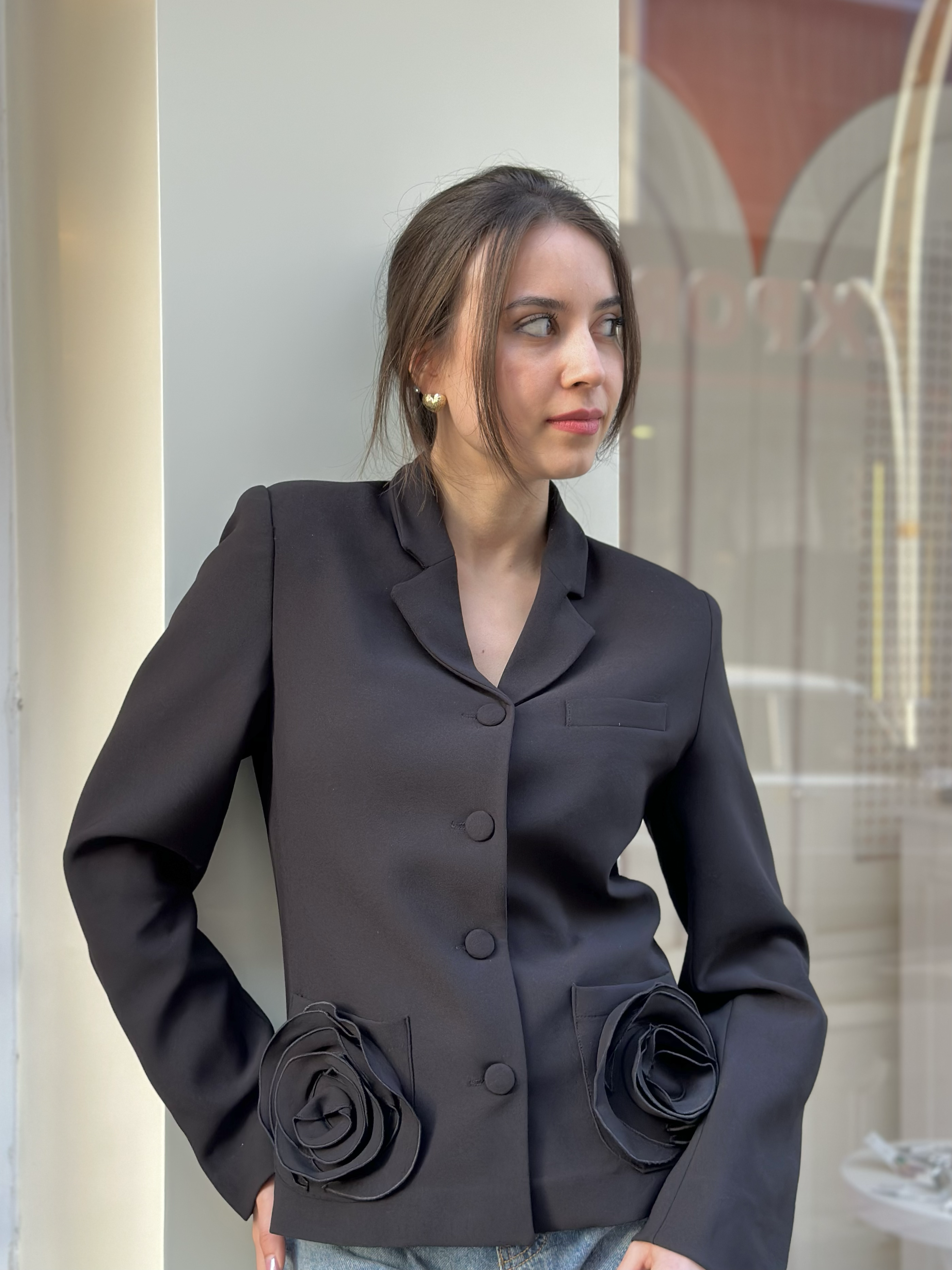 Premium Seri Gül Cepli Ceket - Siyah