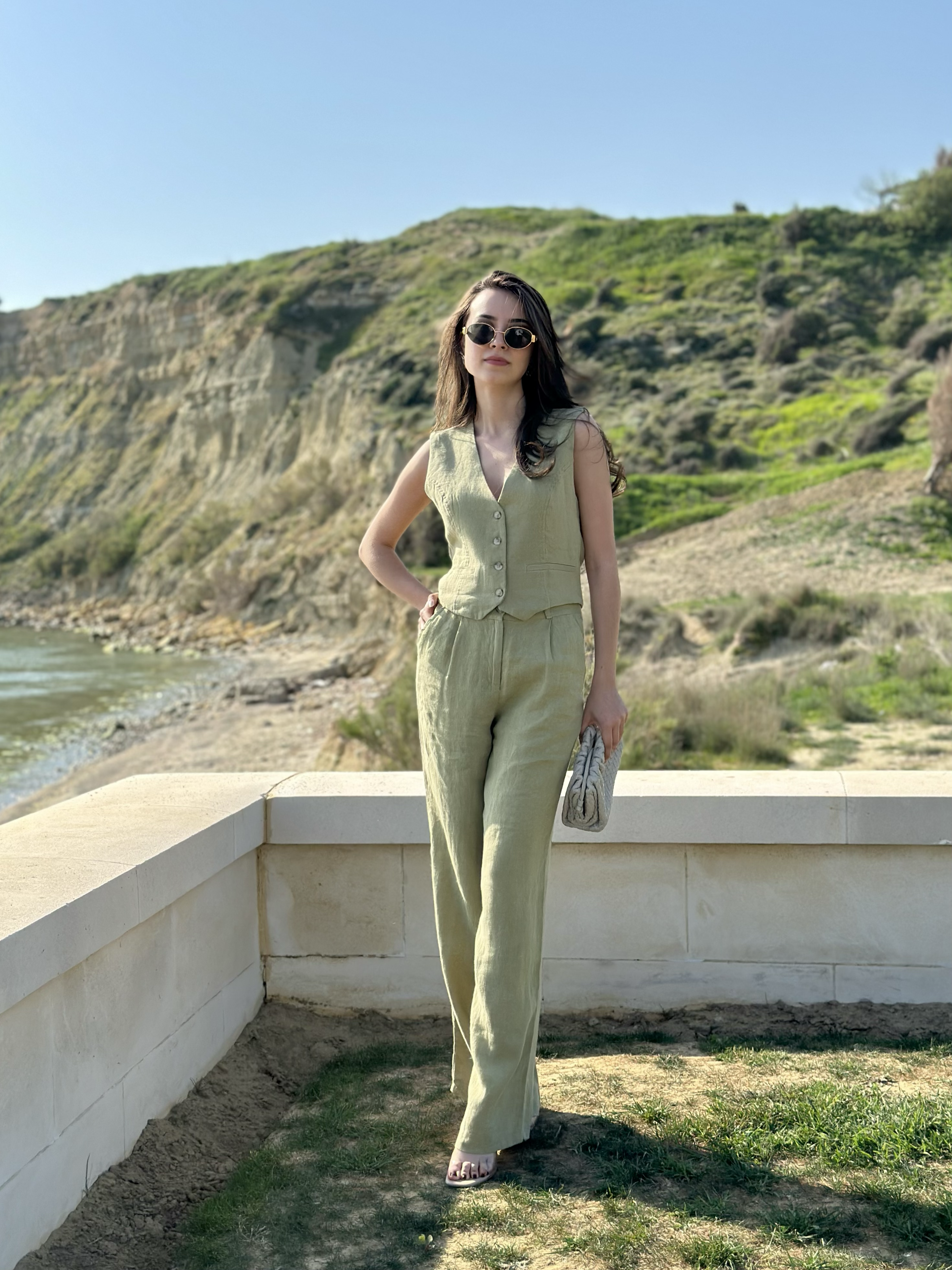 Premium Seri Keten Palazzo Pantolon - Yeşil
